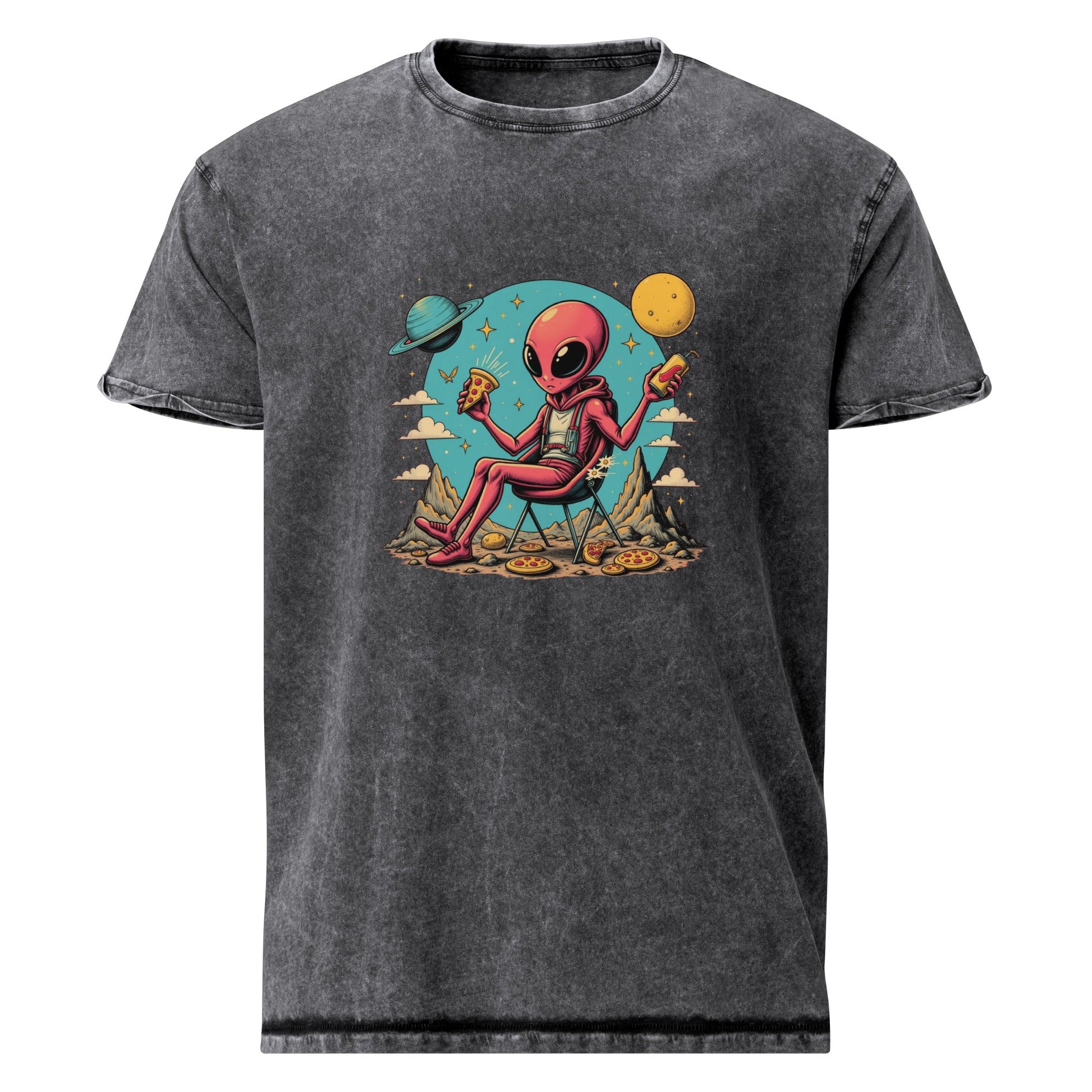 Alien Eating Pizza in Space | Funny UFO Graphic Tee | Sci - Fi Retro Streetwear Shirt - IconVexa