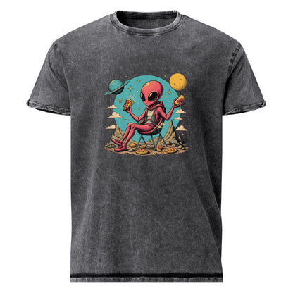 Alien Eating Pizza in Space | Funny UFO Graphic Tee | Sci - Fi Retro Streetwear Shirt - IconVexa
