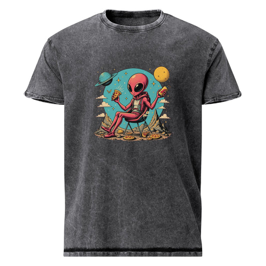 Alien Eating Pizza in Space | Funny UFO Graphic Tee | Sci - Fi Retro Streetwear Shirt - IconVexa
