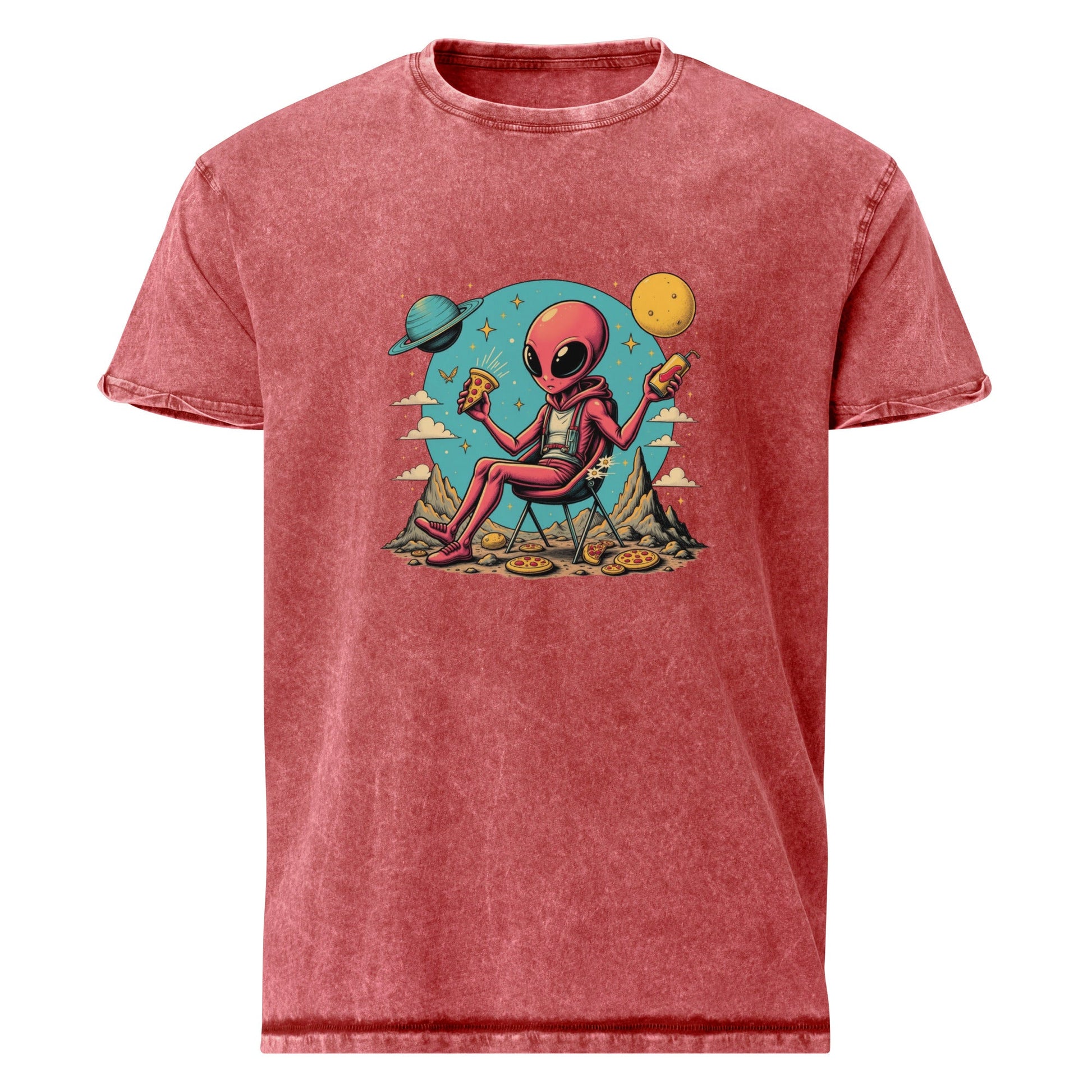 Alien Eating Pizza in Space | Funny UFO Graphic Tee | Sci - Fi Retro Streetwear Shirt - IconVexa