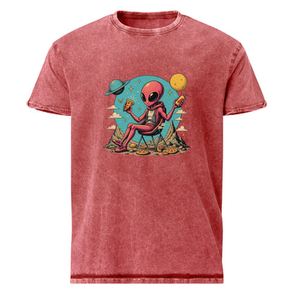 Alien Eating Pizza in Space | Funny UFO Graphic Tee | Sci - Fi Retro Streetwear Shirt - IconVexa