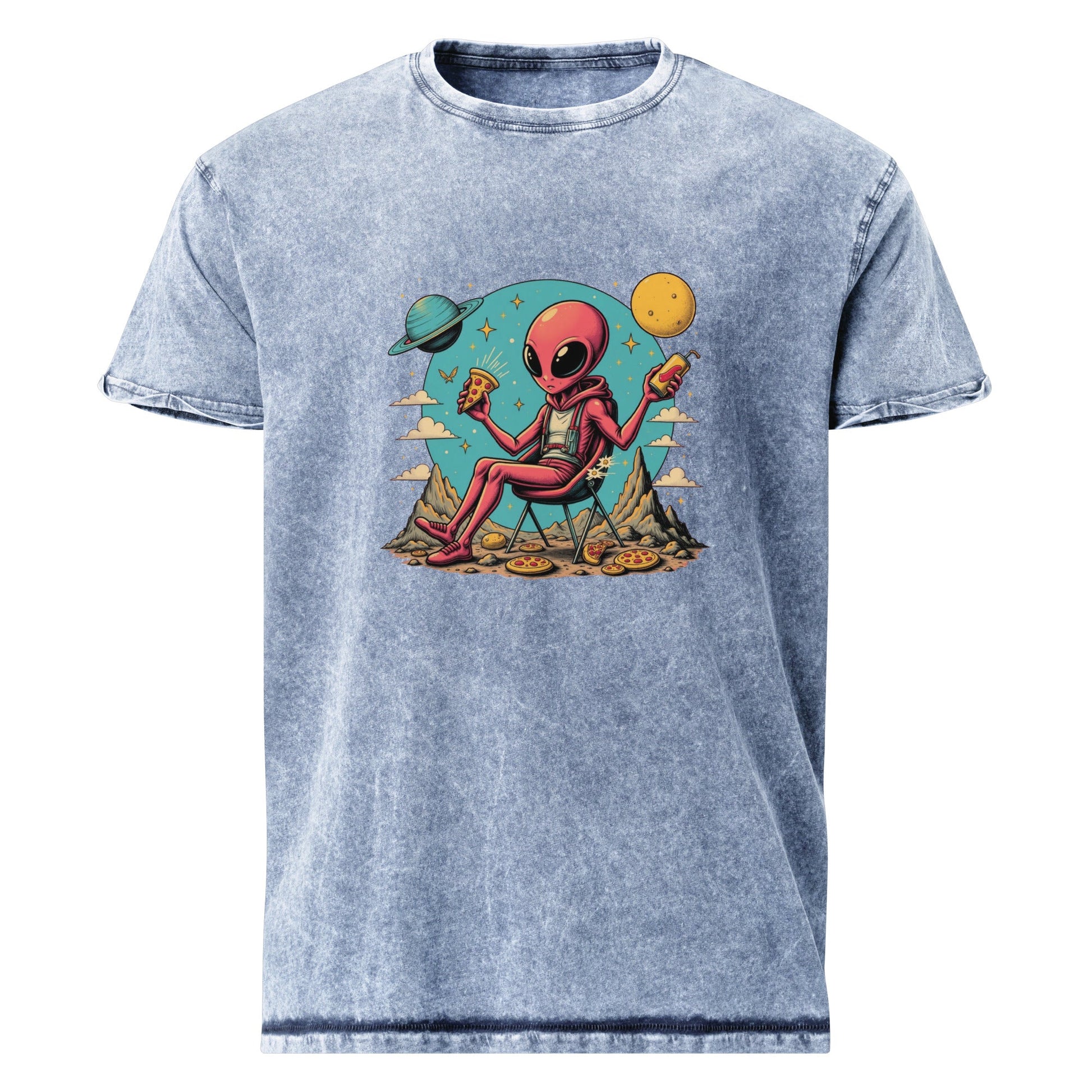 Alien Eating Pizza in Space | Funny UFO Graphic Tee | Sci - Fi Retro Streetwear Shirt - IconVexa