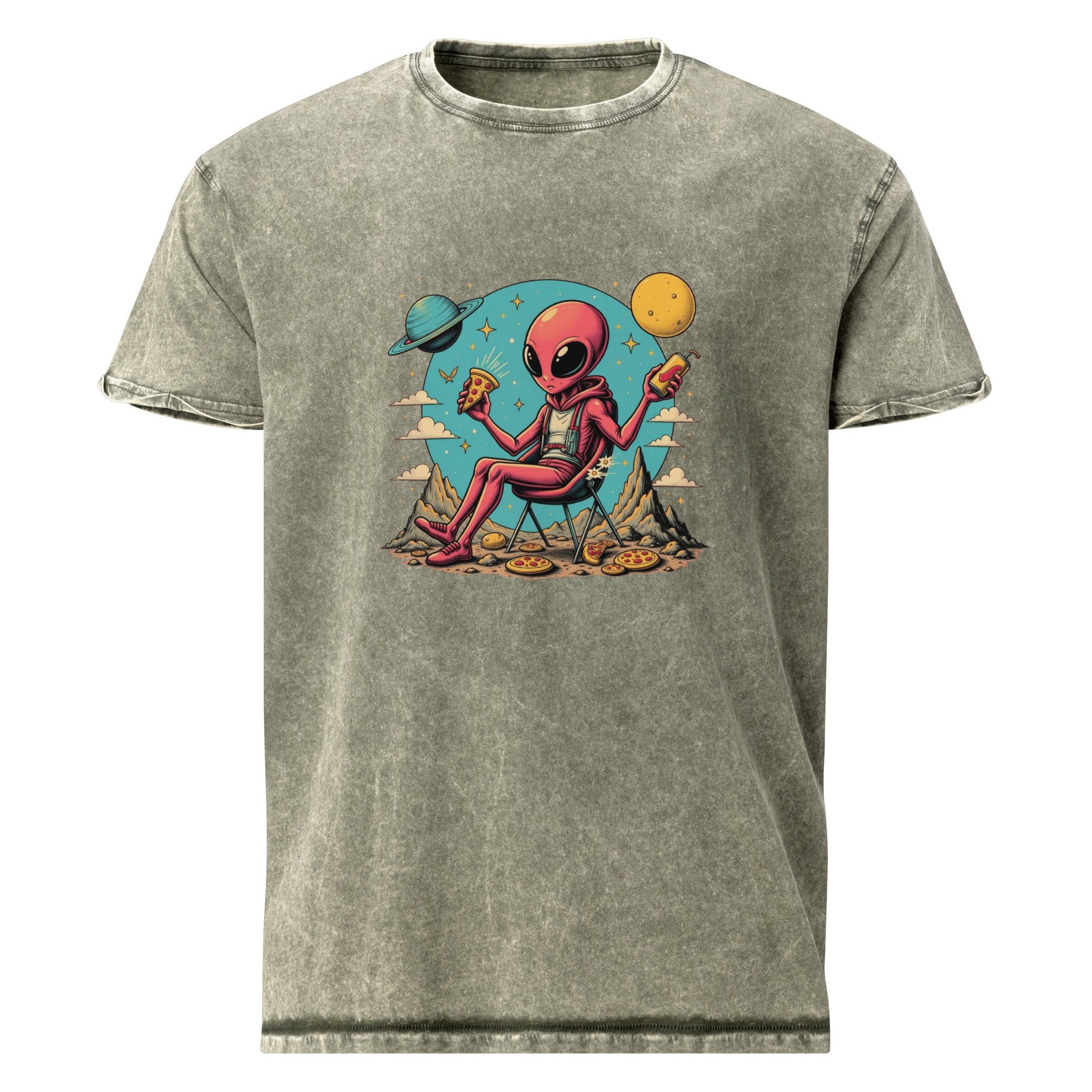 Alien Eating Pizza in Space | Funny UFO Graphic Tee | Sci - Fi Retro Streetwear Shirt - IconVexa
