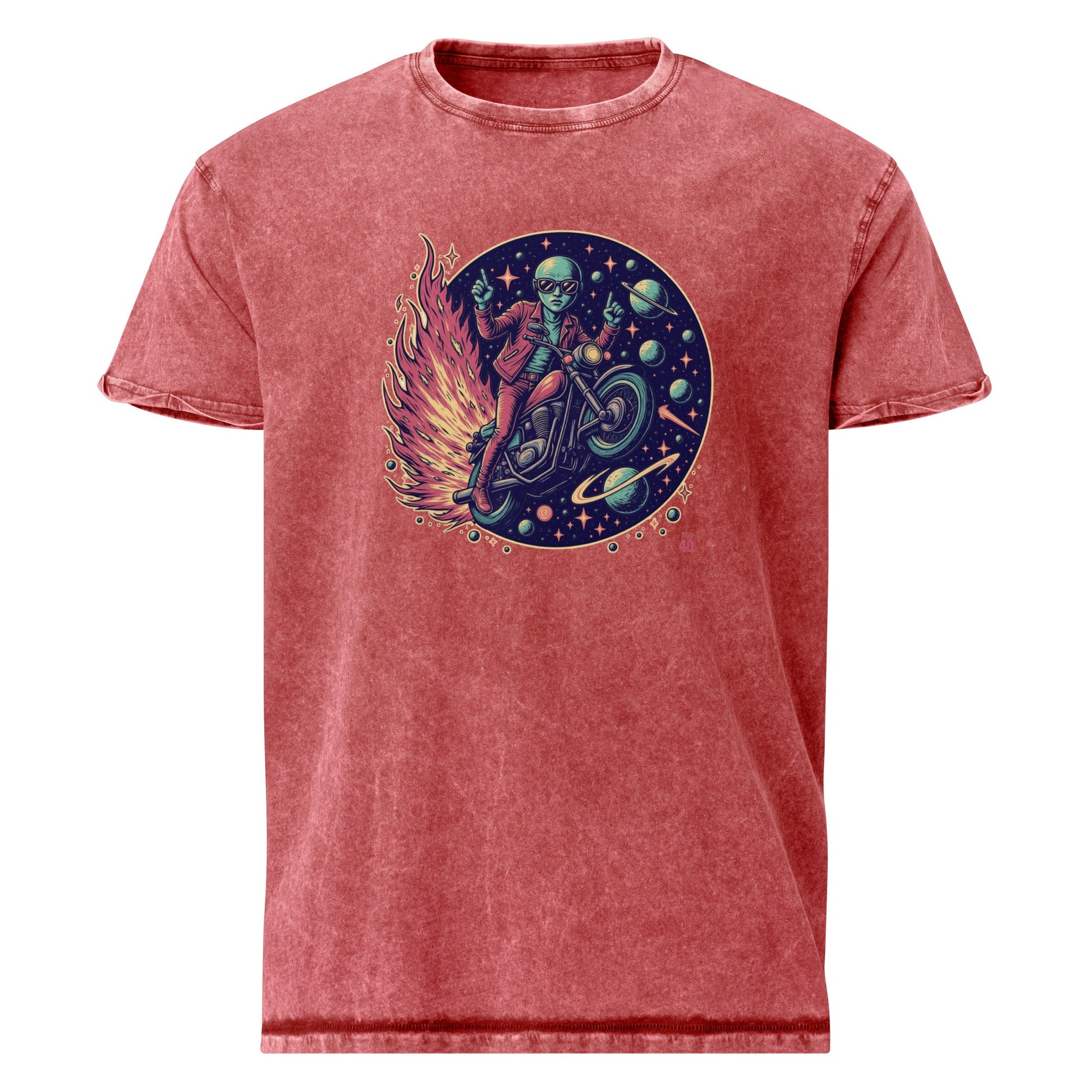 Alien Motorcycle T-Shirt | Retro Sci - Fi Graphic Tee | Outer Space Biker Shirt for Geeks - IconVexa