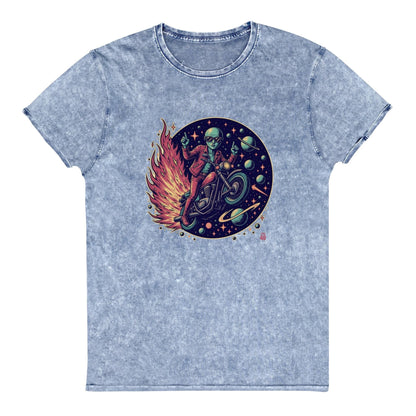 Alien Motorcycle T-Shirt | Retro Sci - Fi Graphic Tee | Outer Space Biker Shirt for Geeks - IconVexa