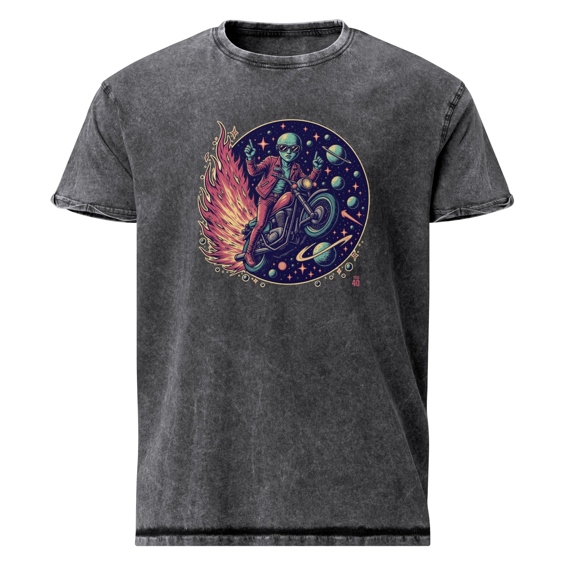 Alien Motorcycle T-Shirt | Retro Sci - Fi Graphic Tee | Outer Space Biker Shirt for Geeks - IconVexa