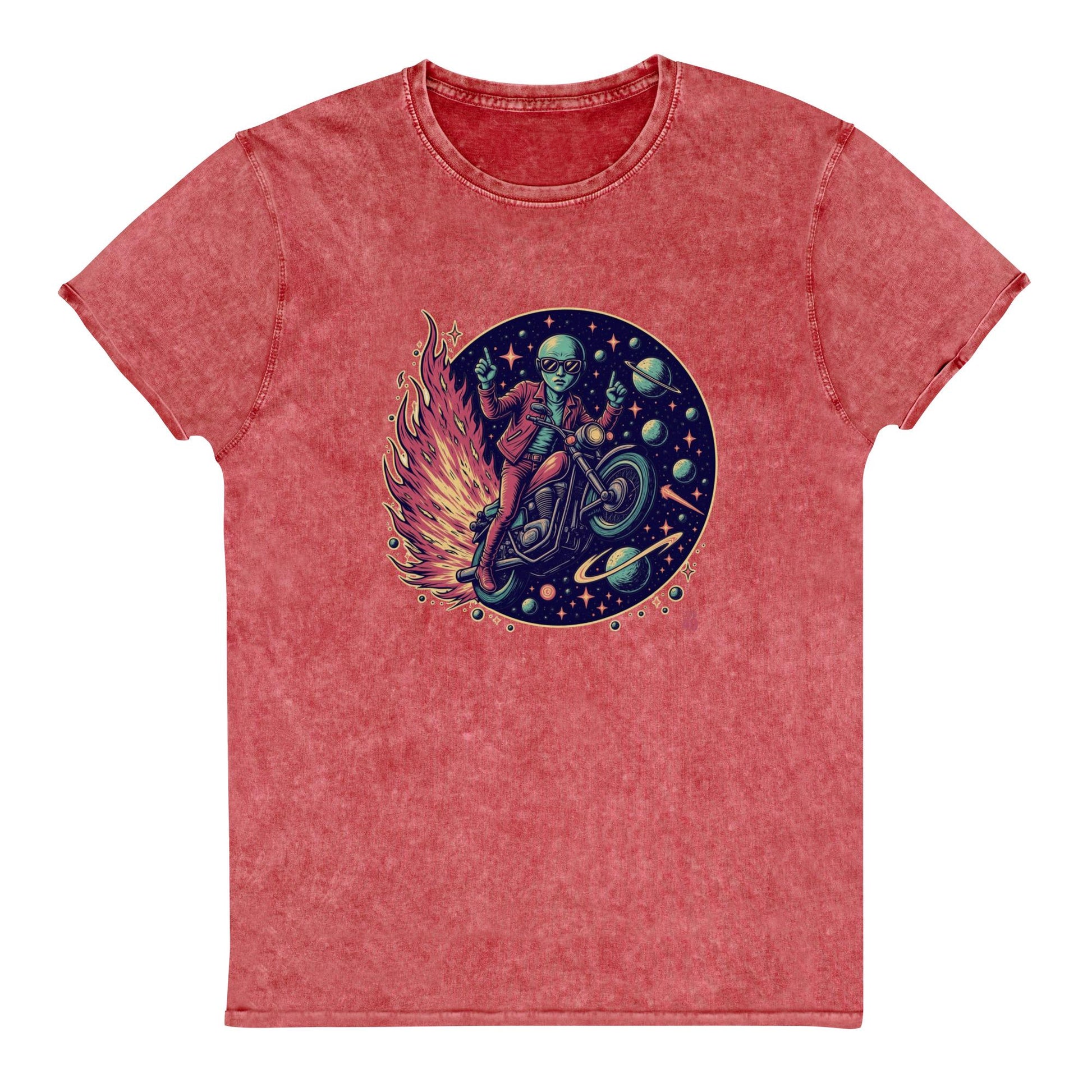 Alien Motorcycle T-Shirt | Retro Sci - Fi Graphic Tee | Outer Space Biker Shirt for Geeks - IconVexa