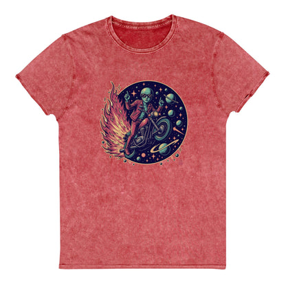 Alien Motorcycle T-Shirt | Retro Sci - Fi Graphic Tee | Outer Space Biker Shirt for Geeks - IconVexa