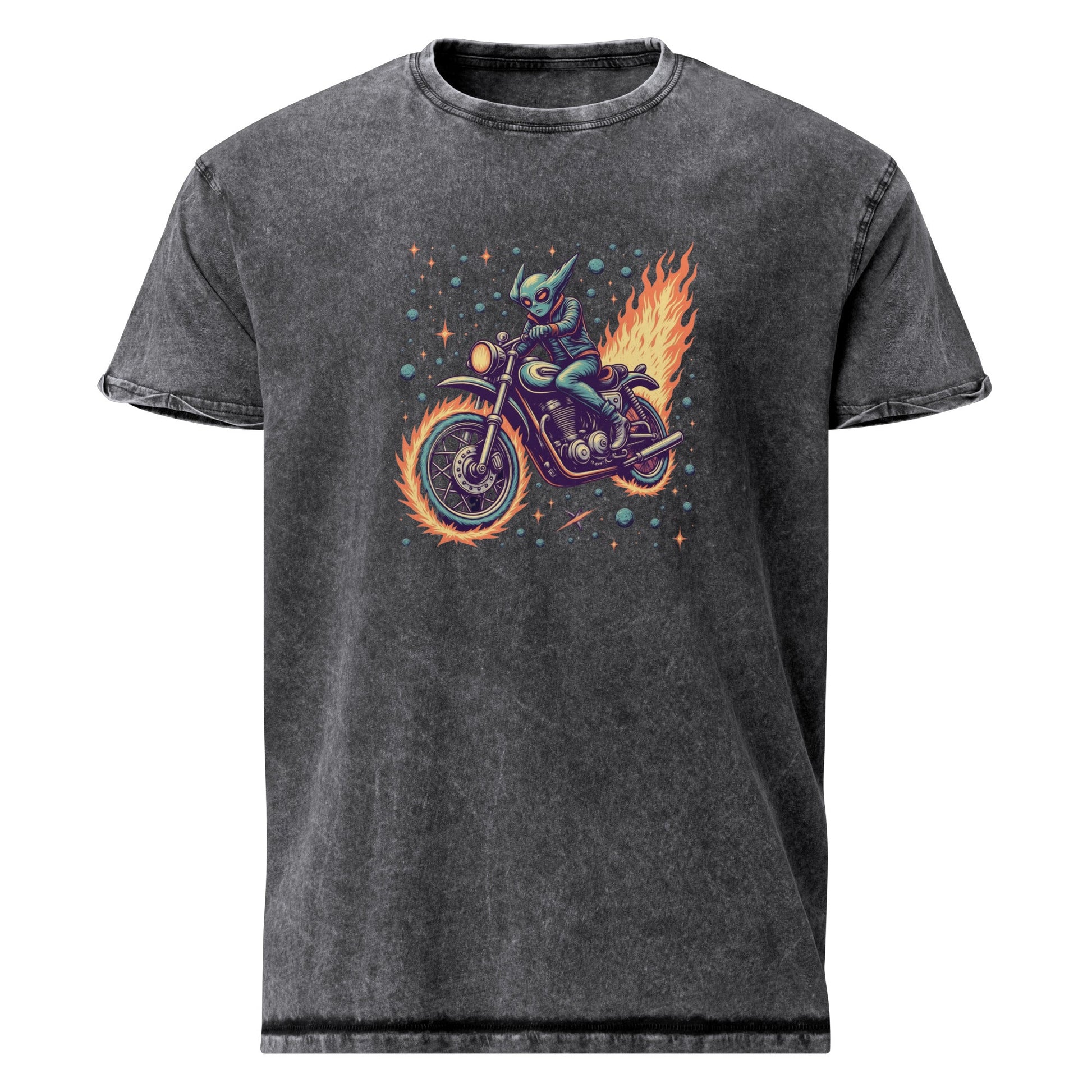 Alien Motorcycle T-Shirt | Retro Sci - Fi Rider Tee | Space Biker Graphic Shirt for Geeks - IconVexa