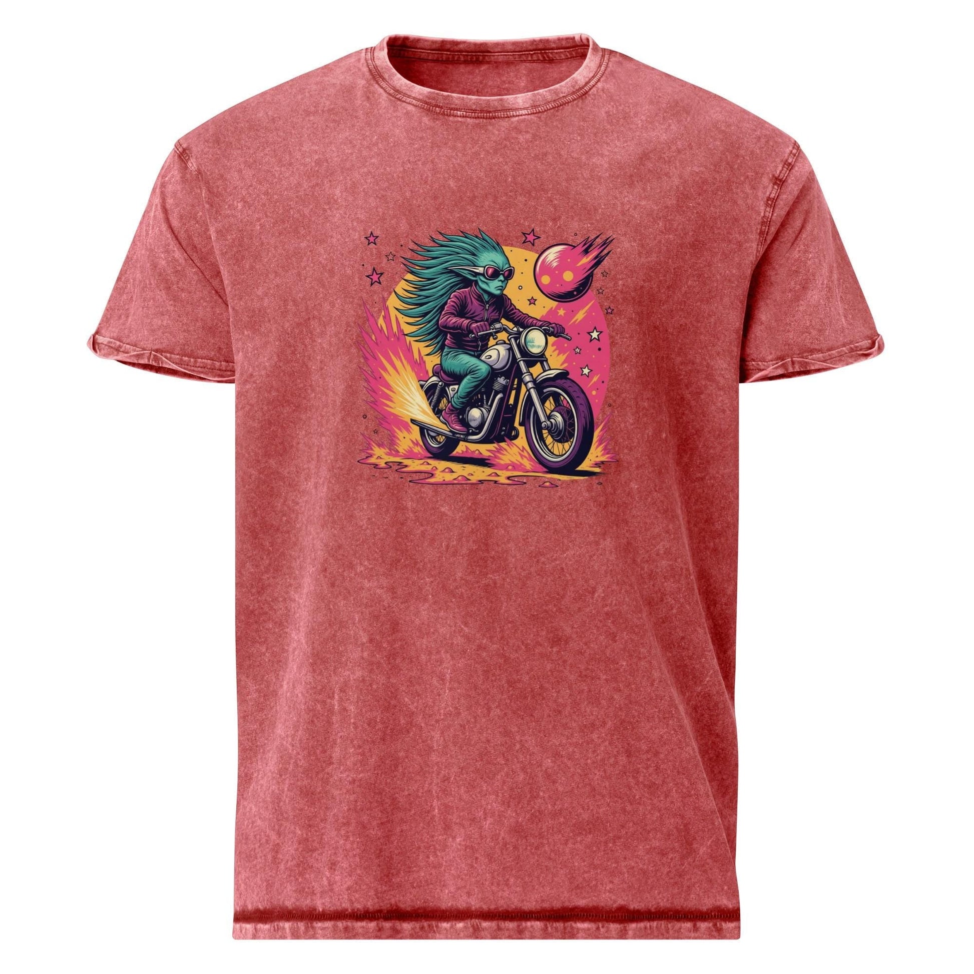 Alien Tee With Biker Space Energy | Retro Cosmic Fireball Ride Shirt | Cool Graphic Tee - IconVexa