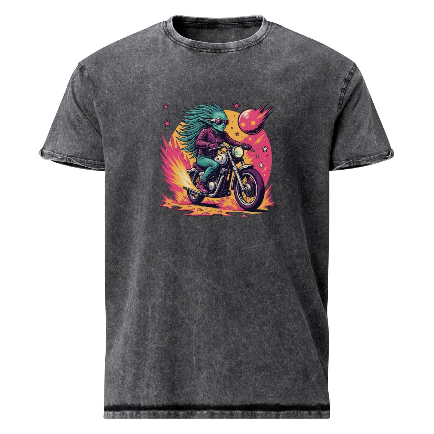 Alien Tee With Biker Space Energy | Retro Cosmic Fireball Ride Shirt | Cool Graphic Tee - IconVexa