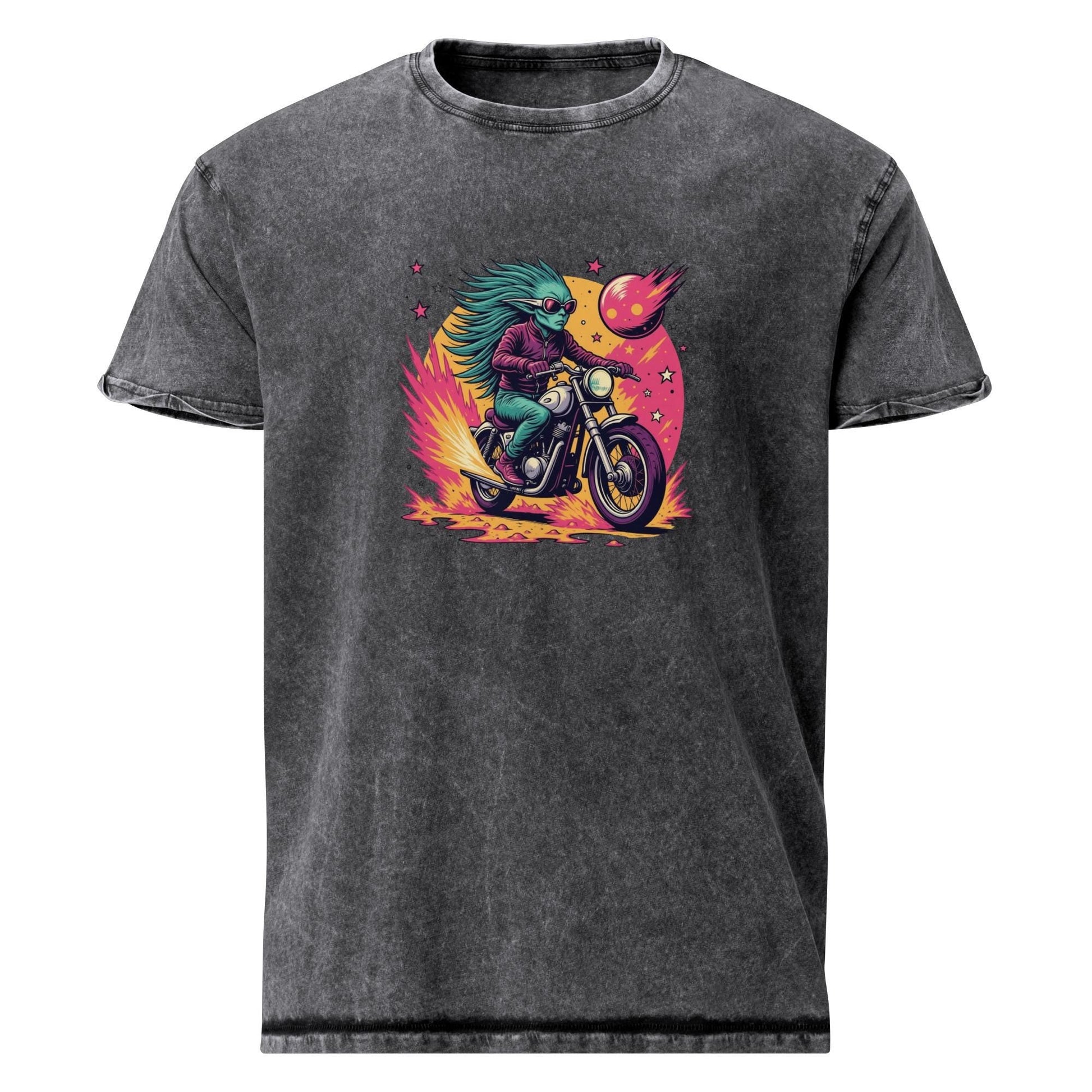 Alien Tee With Biker Space Energy | Retro Cosmic Fireball Ride Shirt | Cool Graphic Tee - IconVexa