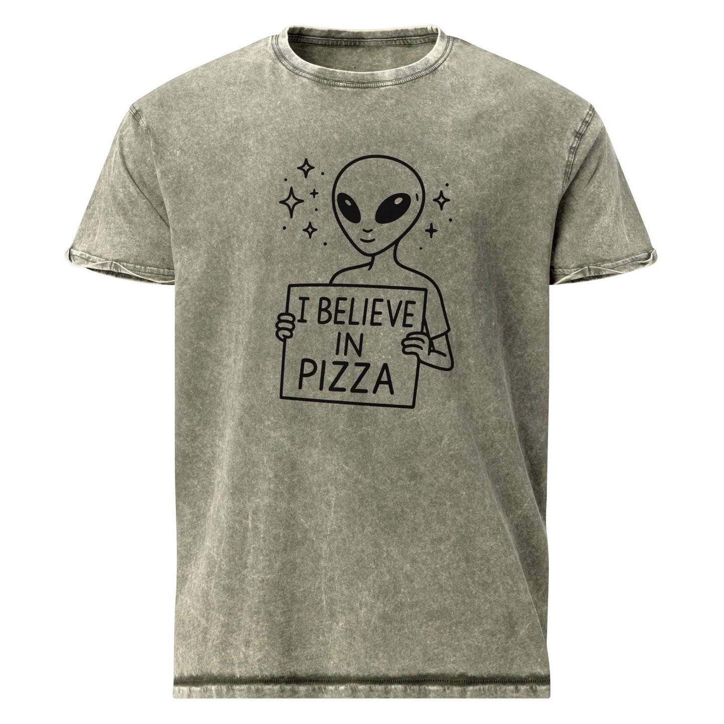 Alien With Pizza Faith Statement | Minimal UFO Humor Graphic | Funny Foodie Space Tee - IconVexa