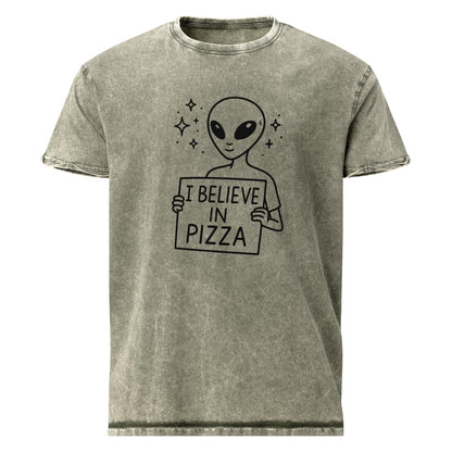 Alien With Pizza Faith Statement | Minimal UFO Humor Graphic | Funny Foodie Space Tee - IconVexa
