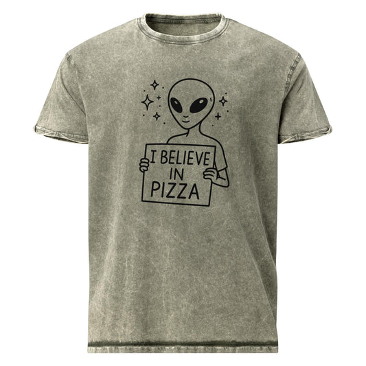 Alien With Pizza Faith Statement | Minimal UFO Humor Graphic | Funny Foodie Space Tee - IconVexa