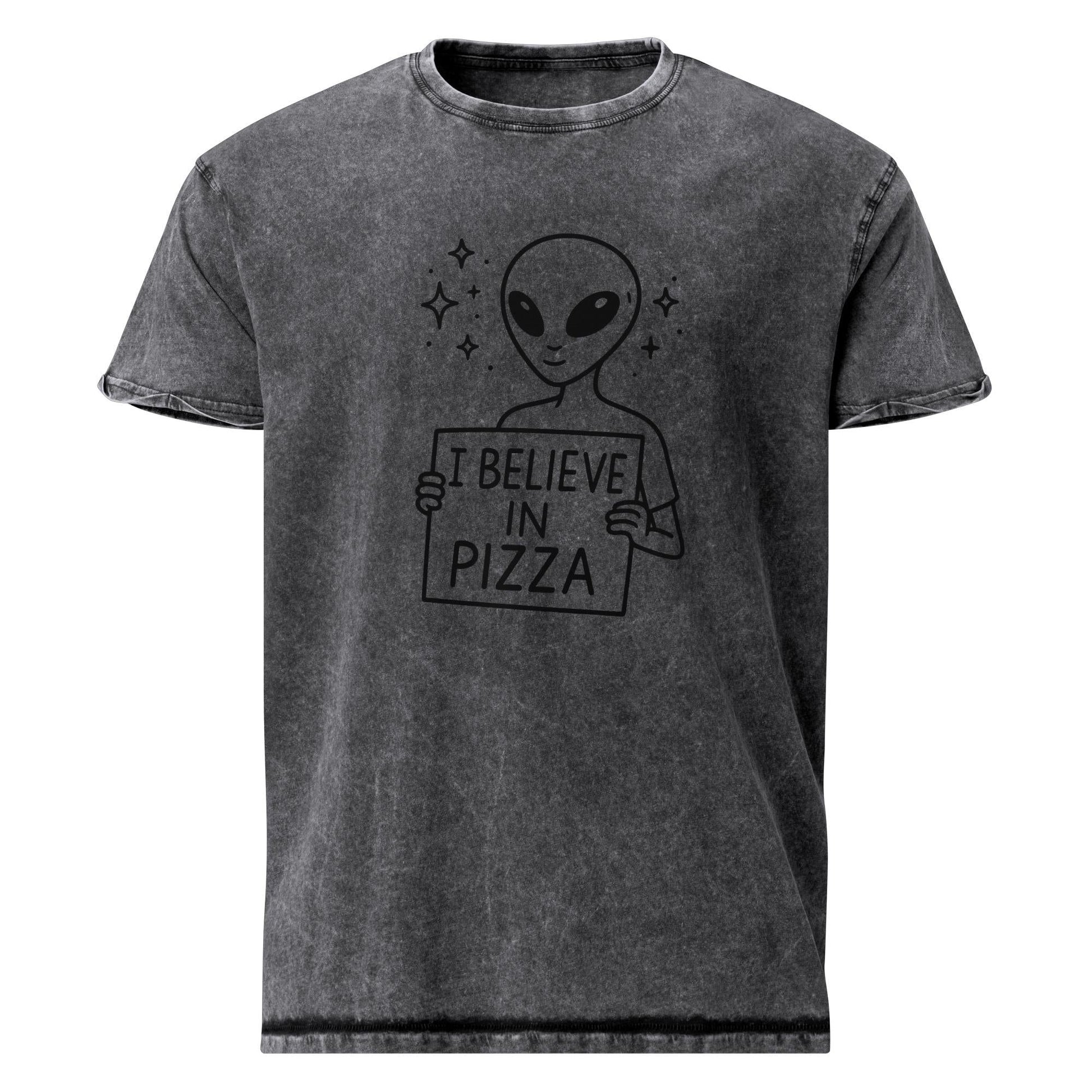 Alien With Pizza Faith Statement | Minimal UFO Humor Graphic | Funny Foodie Space Tee - IconVexa