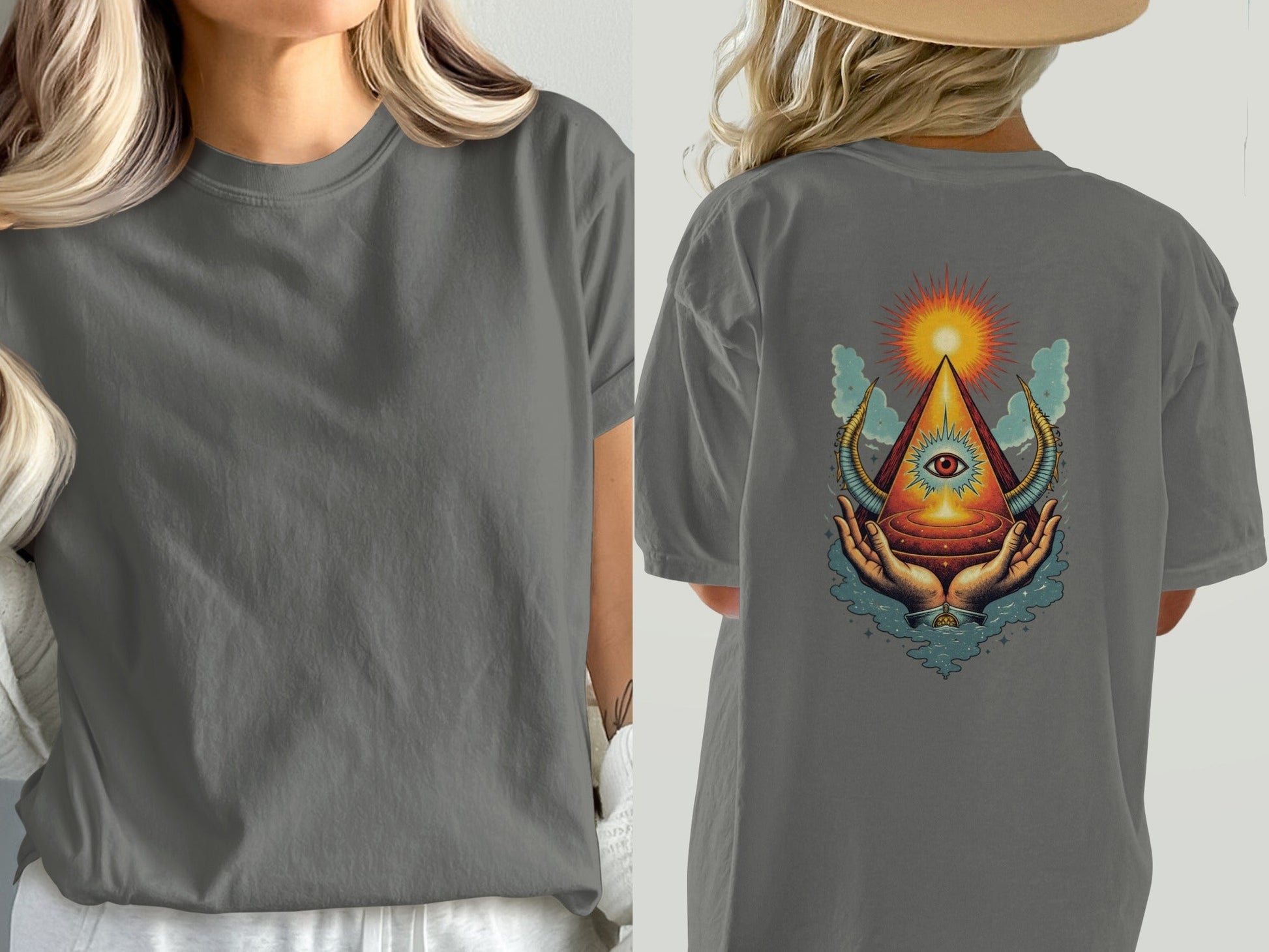 All Seeing Eye Hands Pyramid Symbol Art Cool T-Shirt - IconVexa