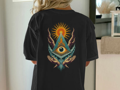 All Seeing Eye Pyramid Graphic Design Back Print T-Shirt - IconVexa