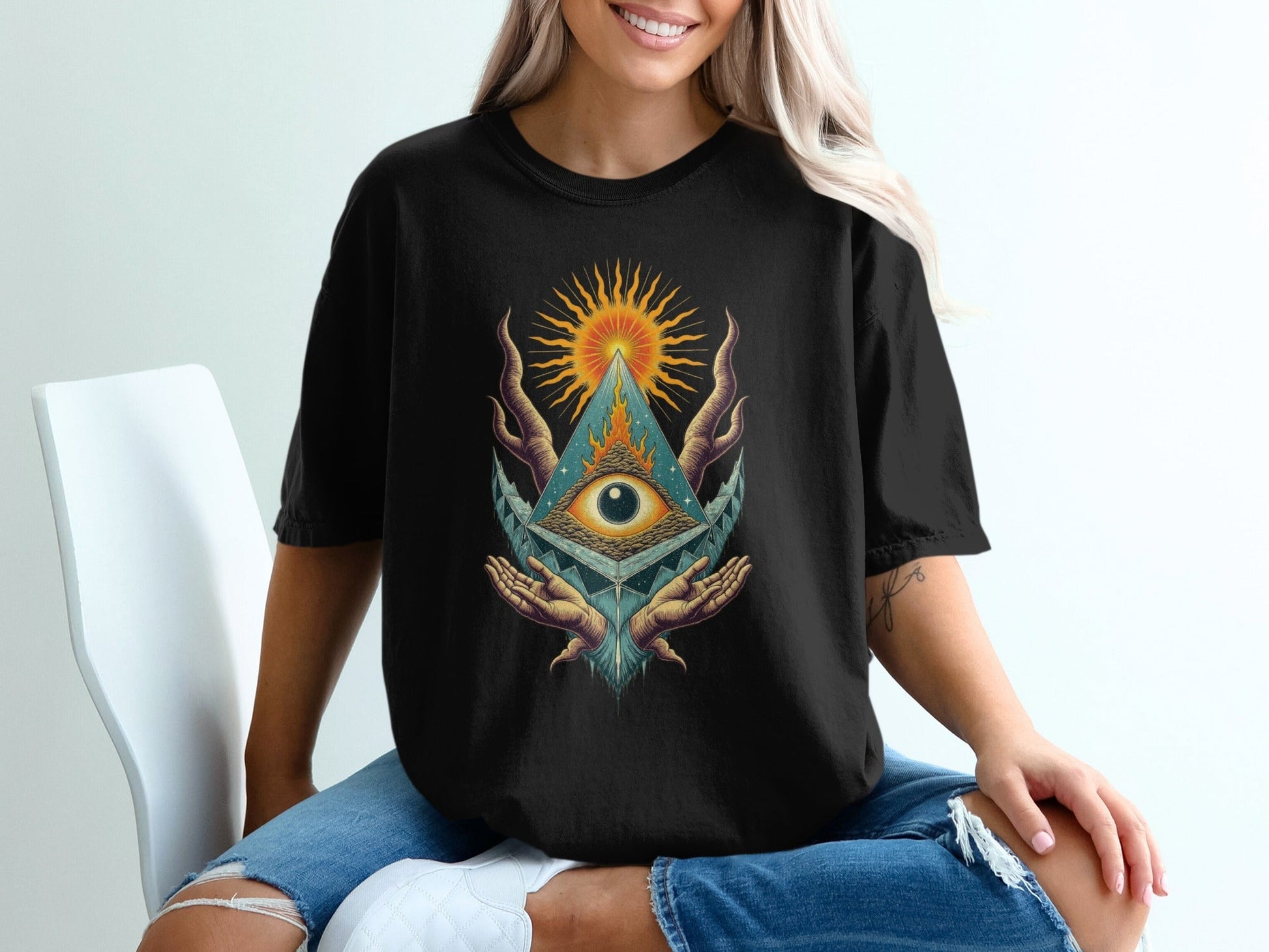 All Seeing Eye Pyramid Sun Hands Graphic Cool Design T-Shirt - IconVexa