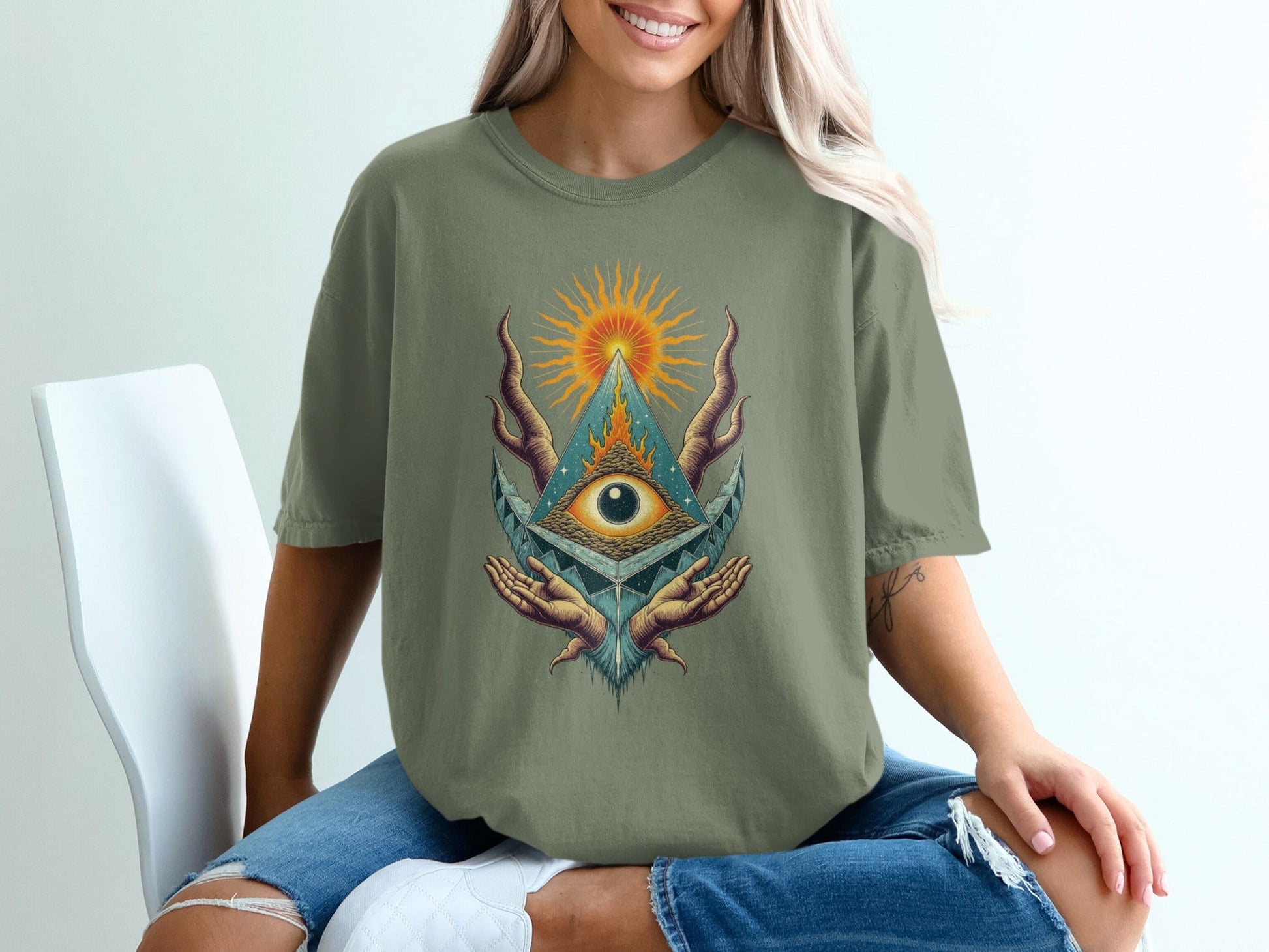 All Seeing Eye Pyramid Sun Hands Graphic Cool Design T-Shirt - IconVexa