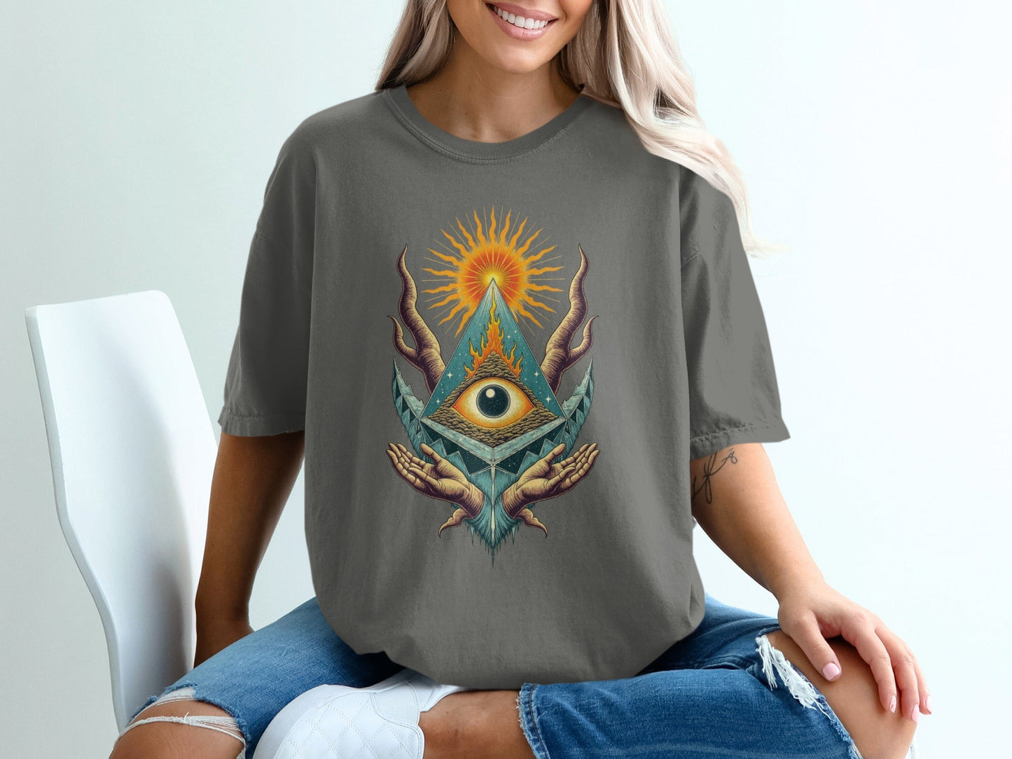 All Seeing Eye Pyramid Sun Hands Graphic Cool Design T-Shirt - IconVexa