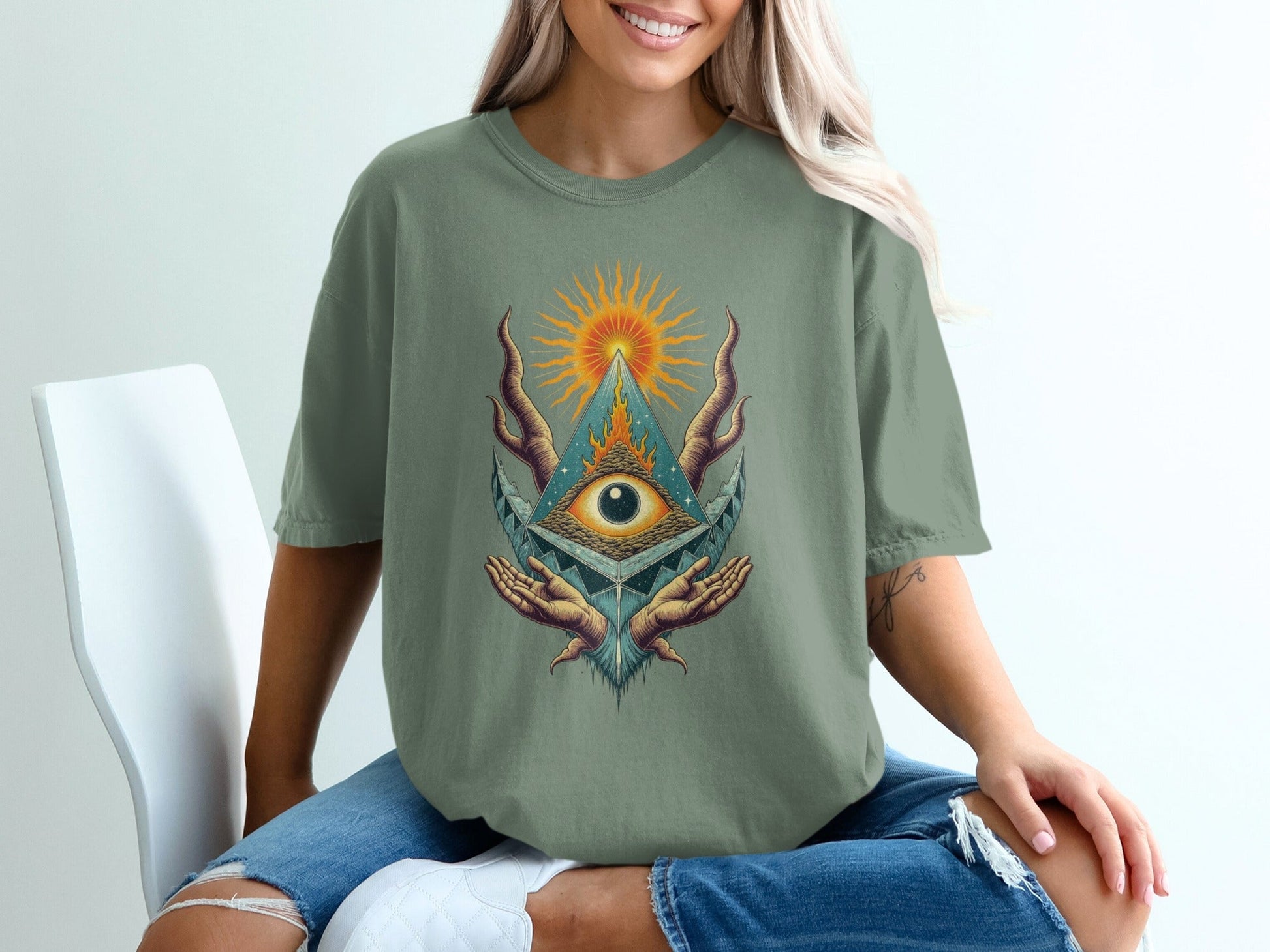 All Seeing Eye Pyramid Sun Hands Graphic Cool Design T-Shirt - IconVexa