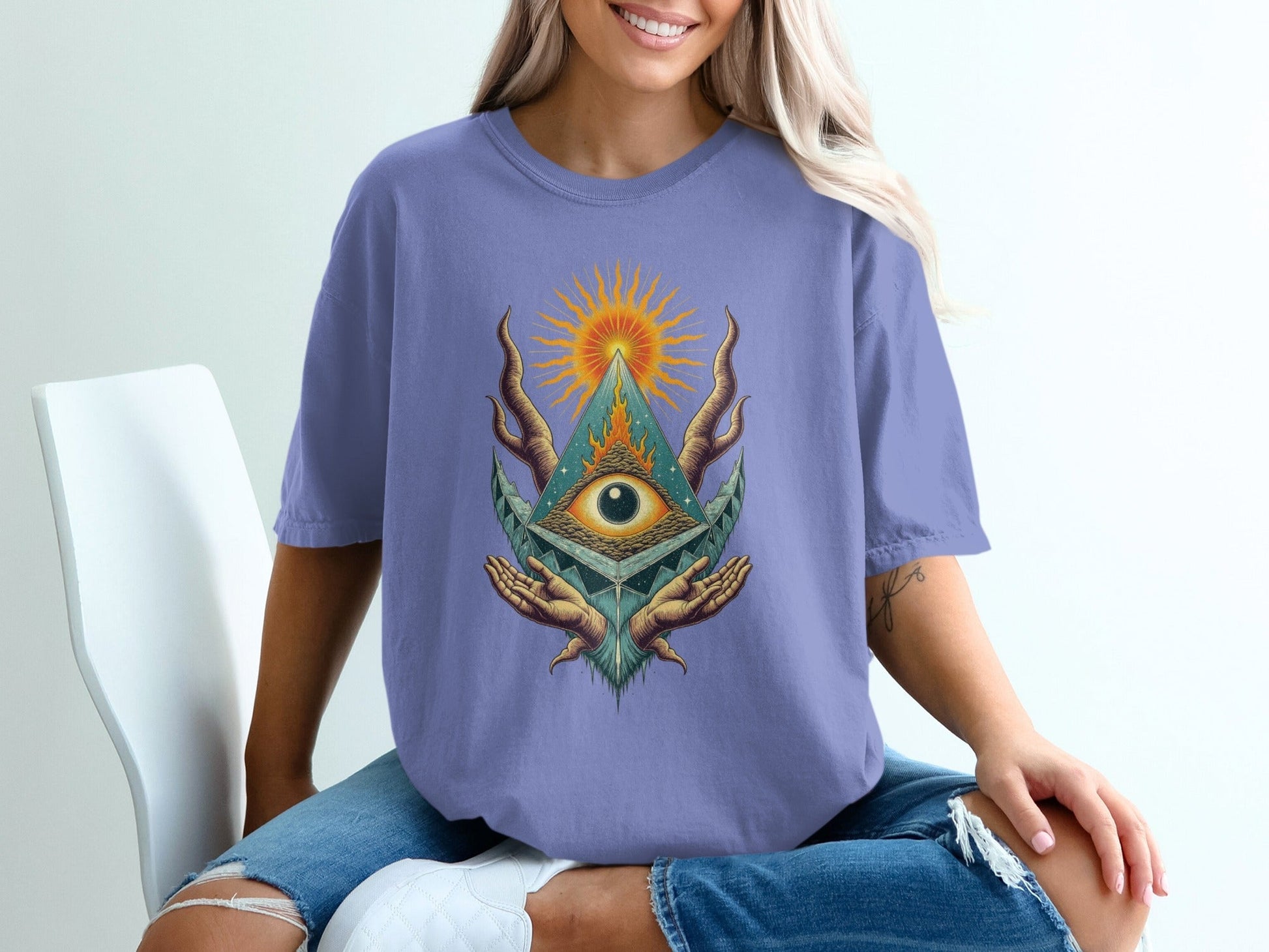 All Seeing Eye Pyramid Sun Hands Graphic Cool Design T-Shirt - IconVexa