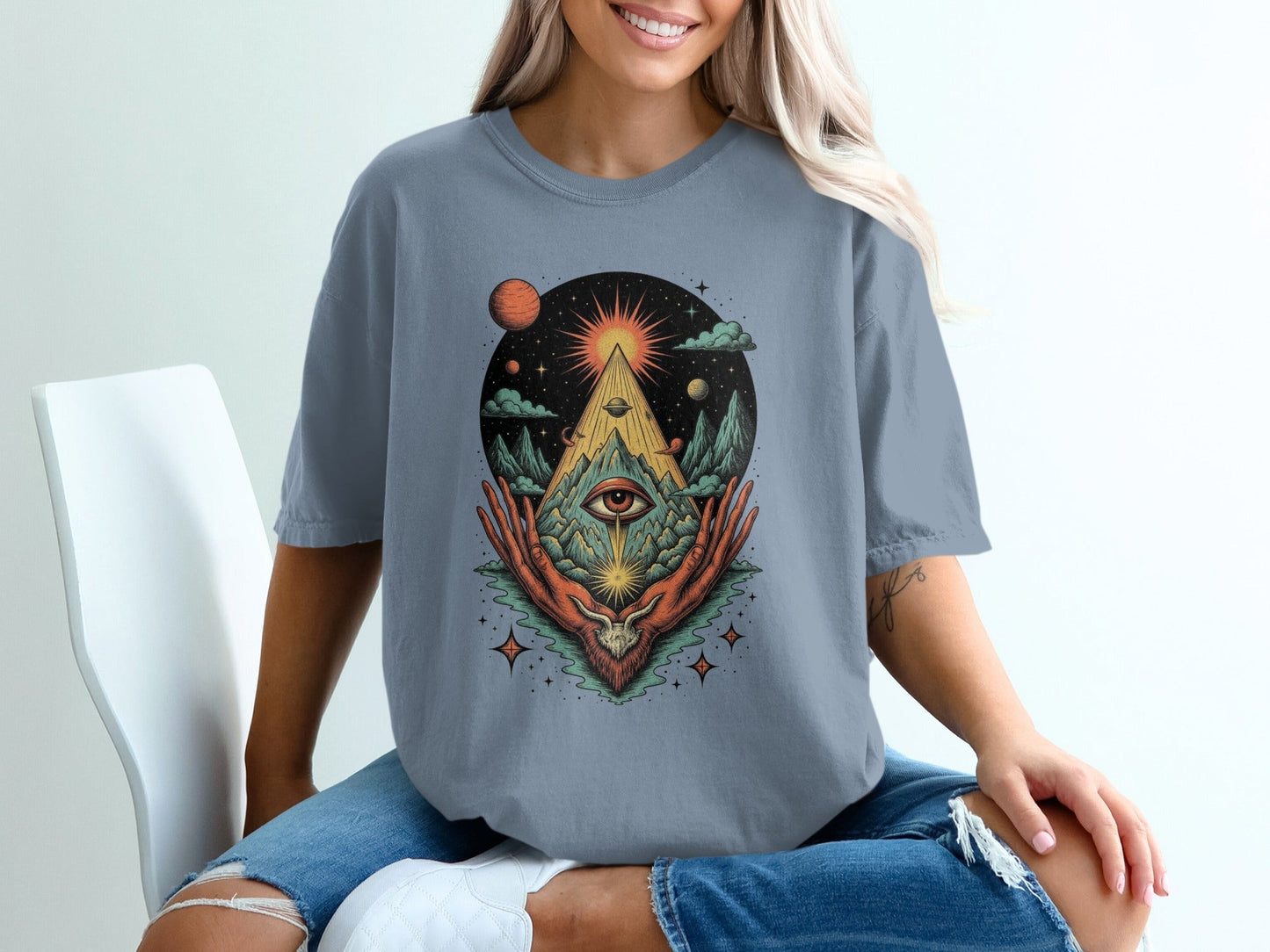 All Seeing Eye Triangle Hands Graphic Universe Art T-Shirt - IconVexa