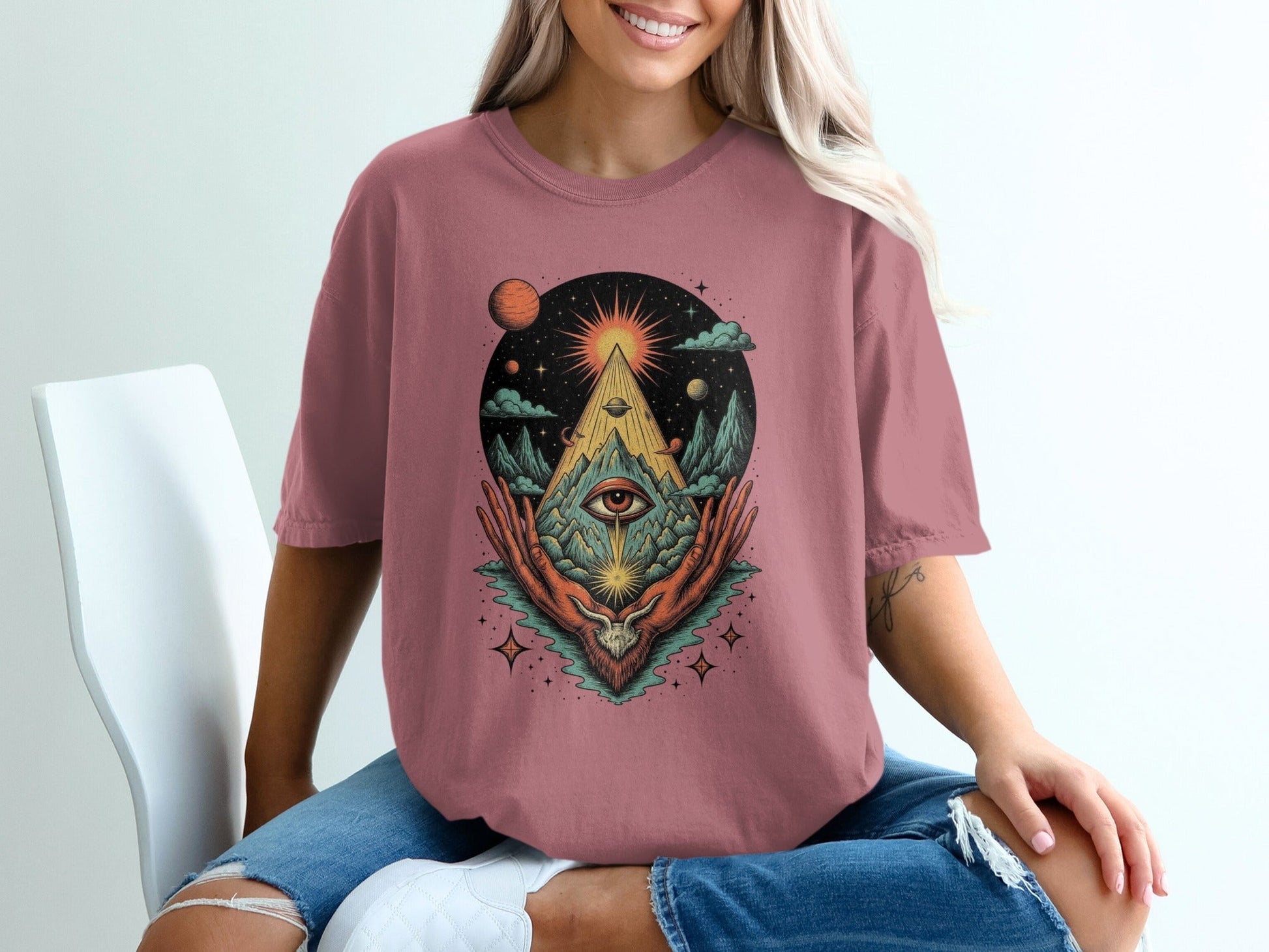 All Seeing Eye Triangle Hands Graphic Universe Art T-Shirt - IconVexa