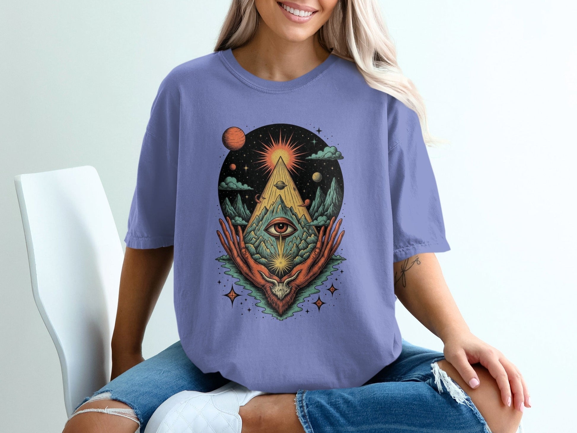 All Seeing Eye Triangle Hands Graphic Universe Art T-Shirt - IconVexa