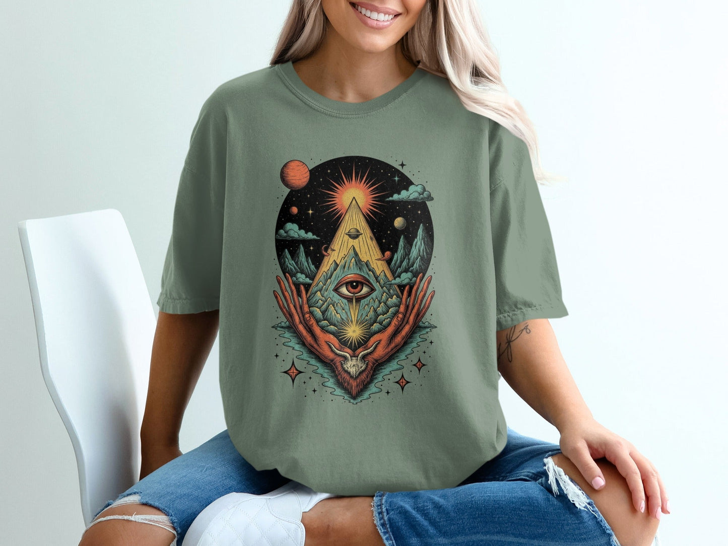 All Seeing Eye Triangle Hands Graphic Universe Art T-Shirt - IconVexa