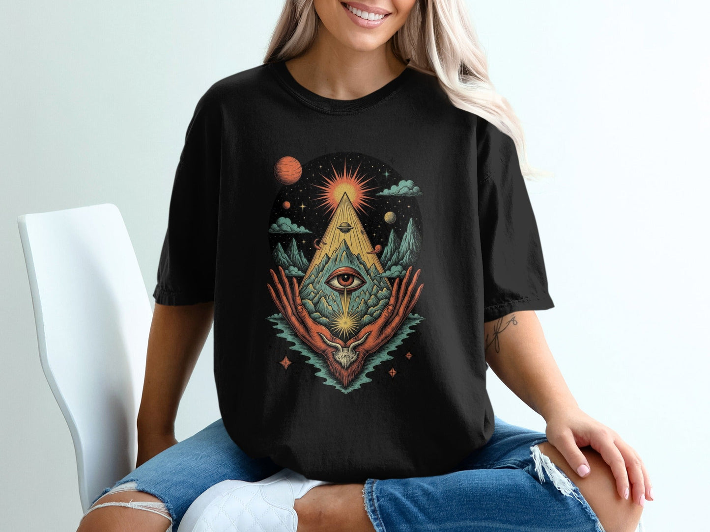 All Seeing Eye Triangle Hands Graphic Universe Art T-Shirt - IconVexa