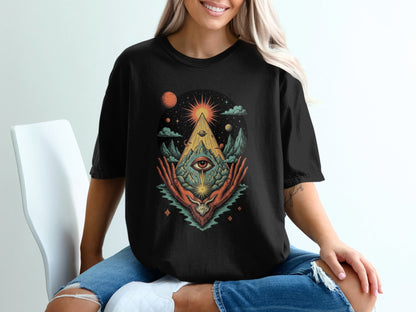 All Seeing Eye Triangle Hands Graphic Universe Art T-Shirt - IconVexa