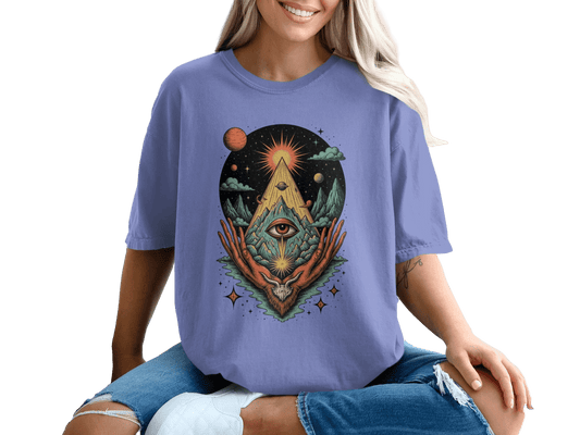 All Seeing Eye Triangle Hands Graphic Universe Art T-Shirt - IconVexa