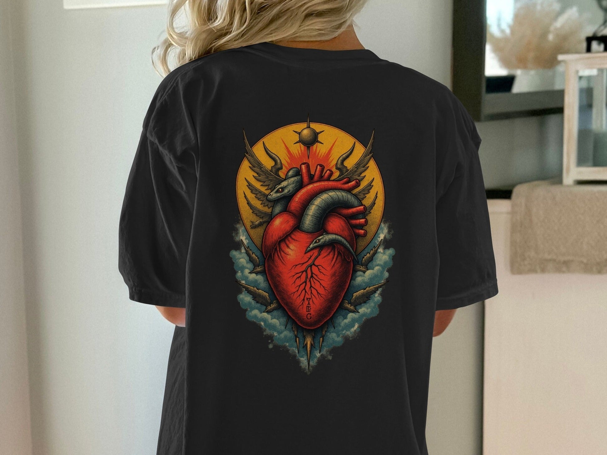 Anatomy Heart With Snake on A Graphic Design Back Print T-Shirt - IconVexa