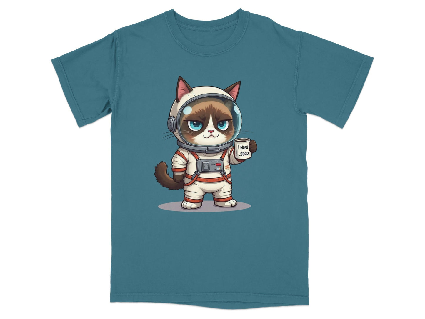 Astronaut cat graphic T-shirt design with cute cat in space suit, featuring the text 'I Need Space'.