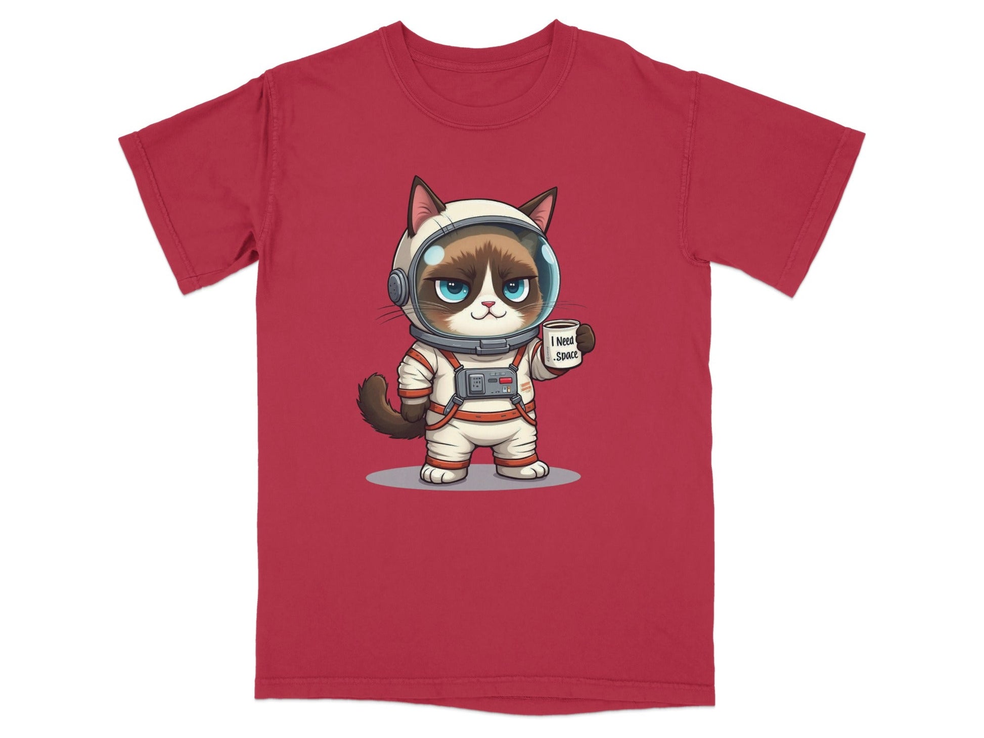Funny graphic tee featuring a cartoon cat astronaut with the text 'I need space' on a red shirt.