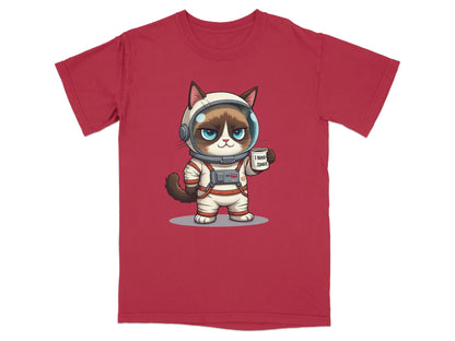 Funny graphic tee featuring a cartoon cat astronaut with the text 'I need space' on a red shirt.