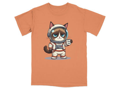 Funny astronaut cat graphic T-shirt in orange, featuring a cute cat saying 'I Need Space'.