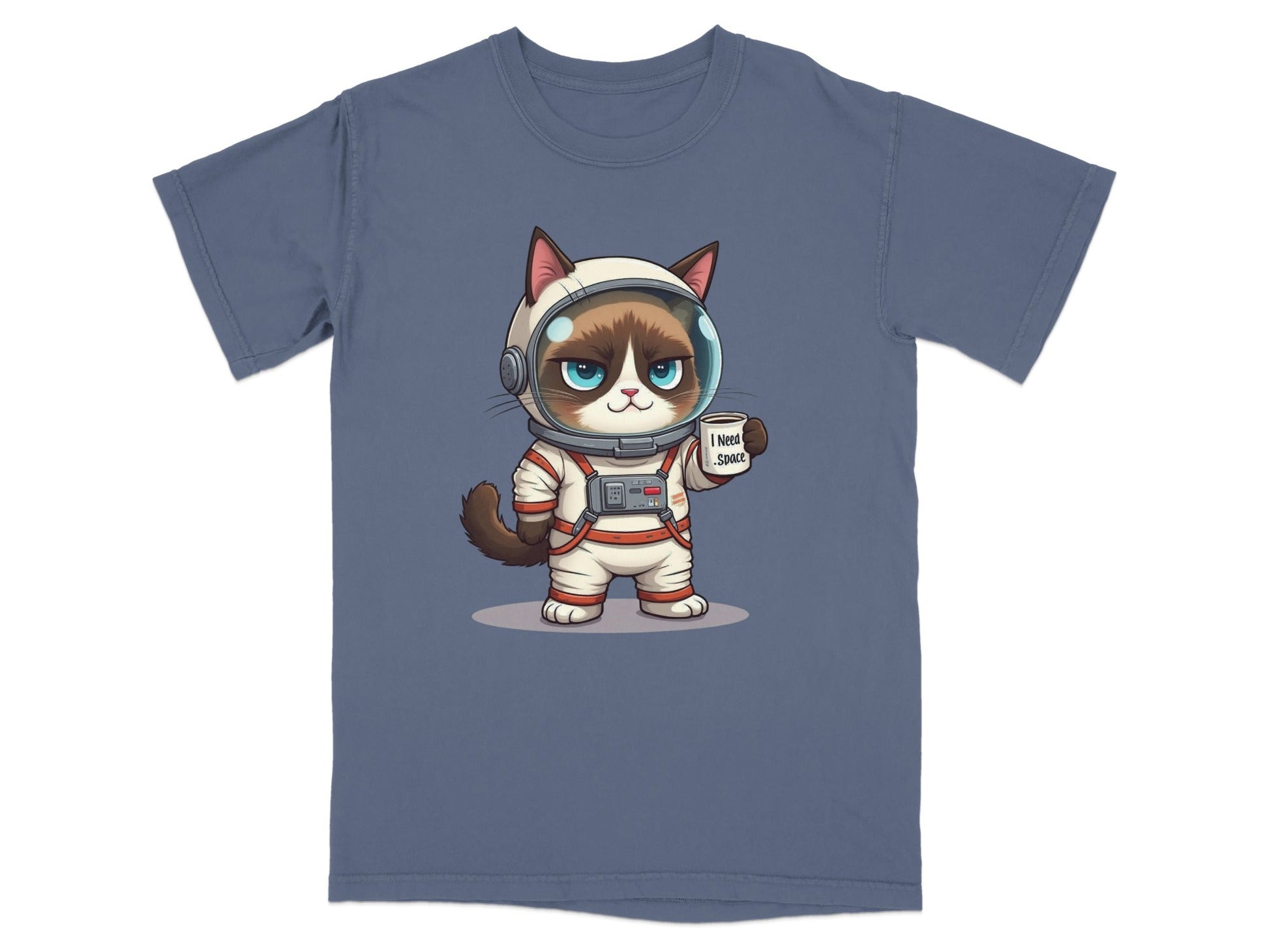 Funny astronaut cat graphic T-shirt design, featuring a cool cat in a space suit saying 'I Need Space'.