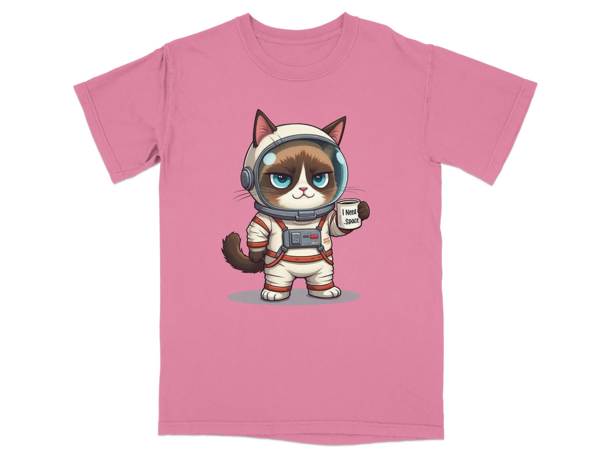 Cute astronaut cat graphic T-shirt design in pink, featuring a cat in a spacesuit saying 'I Need Space'.