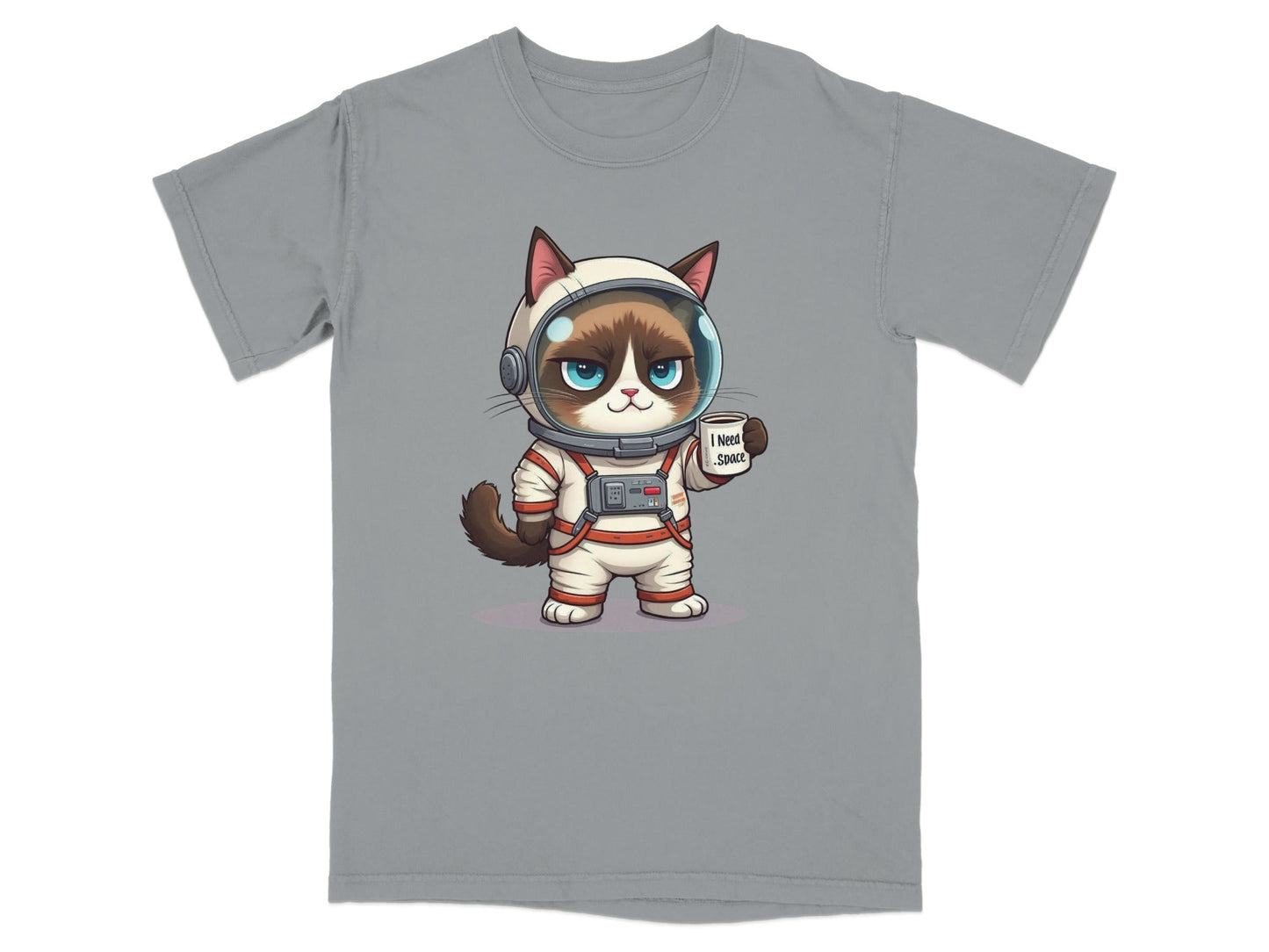 Funny astronaut cat graphic T-shirt design with text 'I Need Space', perfect for cat and space lovers.