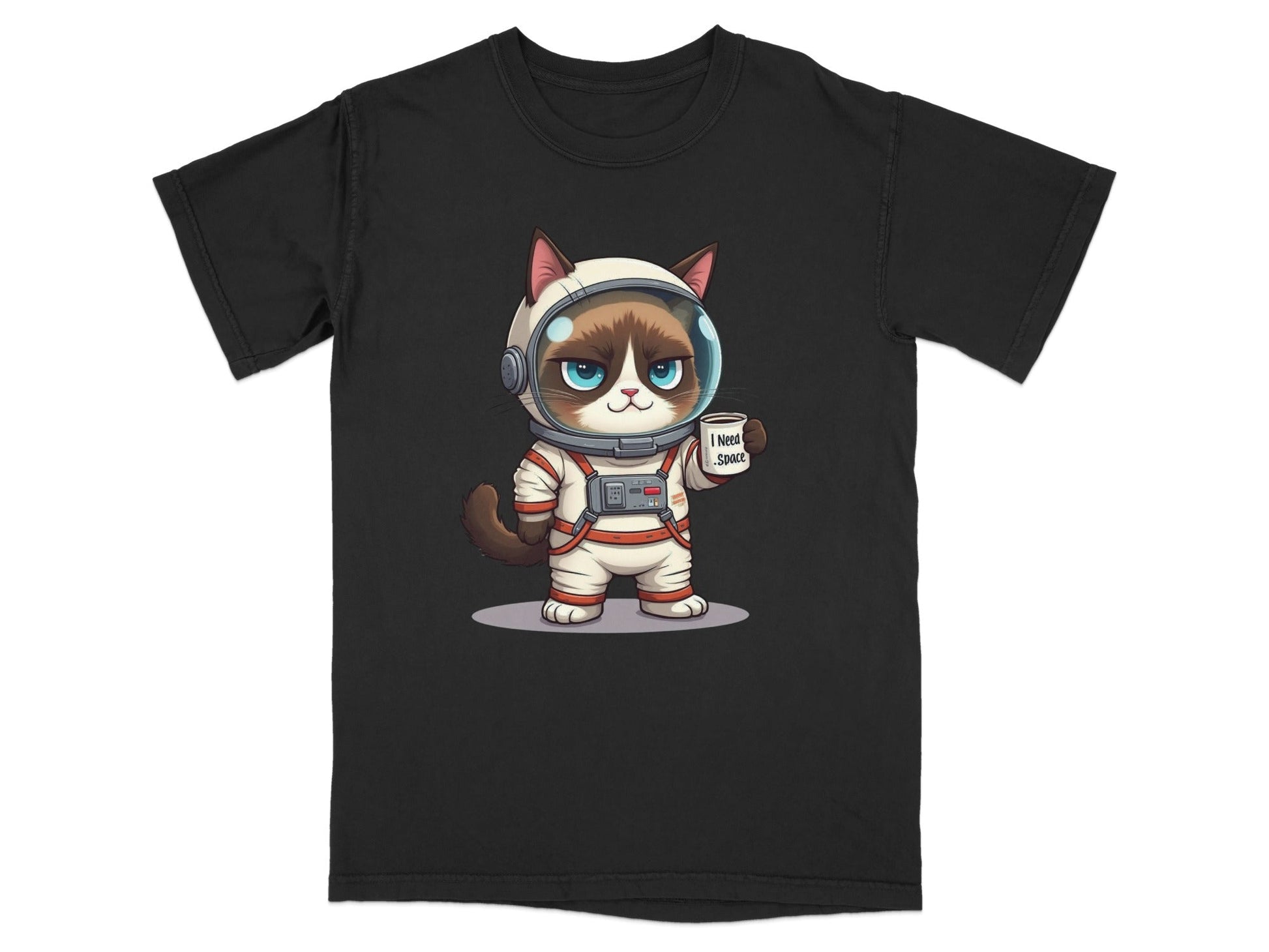 Funny graphic T-shirt featuring a cat astronaut with the phrase 'I Need Space' in a relaxed fit design.