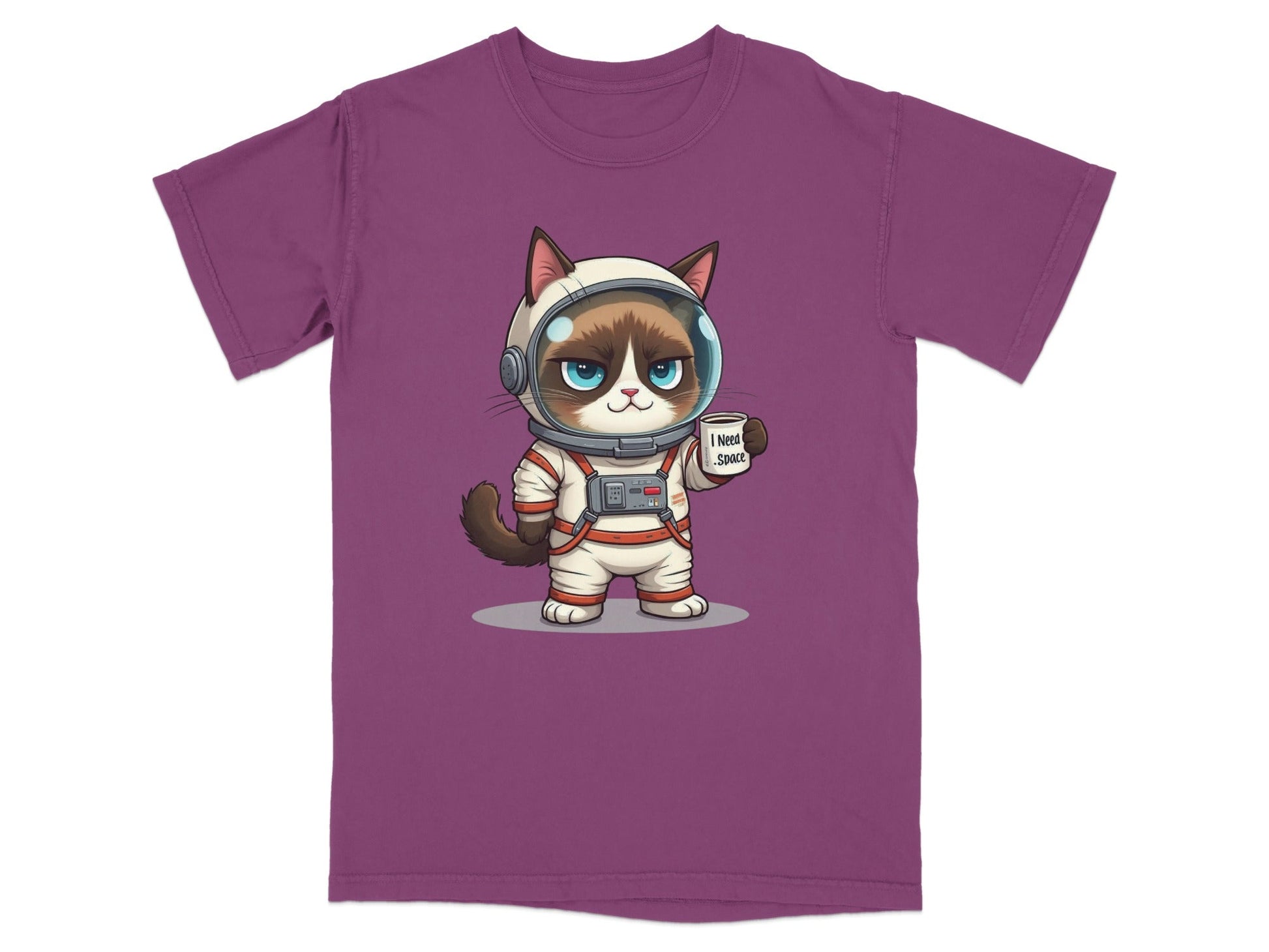 Funny cat astronaut T-shirt with the text 'I Need Space' on a purple background, perfect for cat and space lovers.
