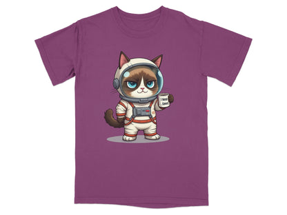 Funny cat astronaut T-shirt with the text 'I Need Space' on a purple background, perfect for cat and space lovers.