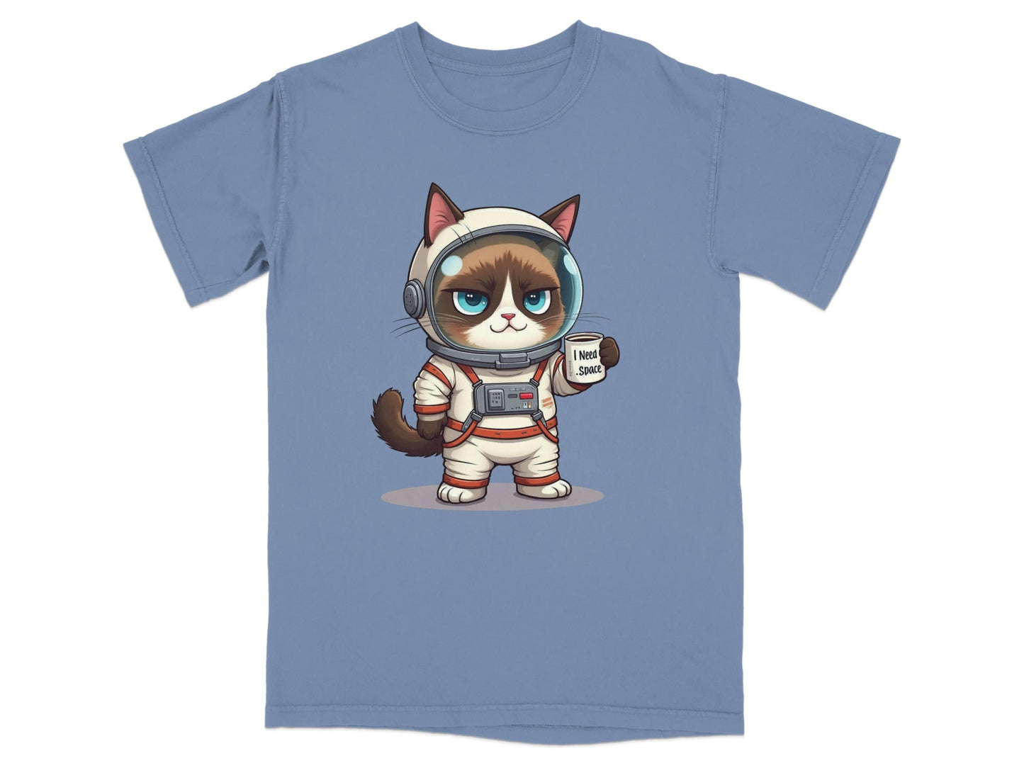 Cute astronaut cat graphic T-shirt design featuring a cat in a space suit with a "I Need Space" sign.