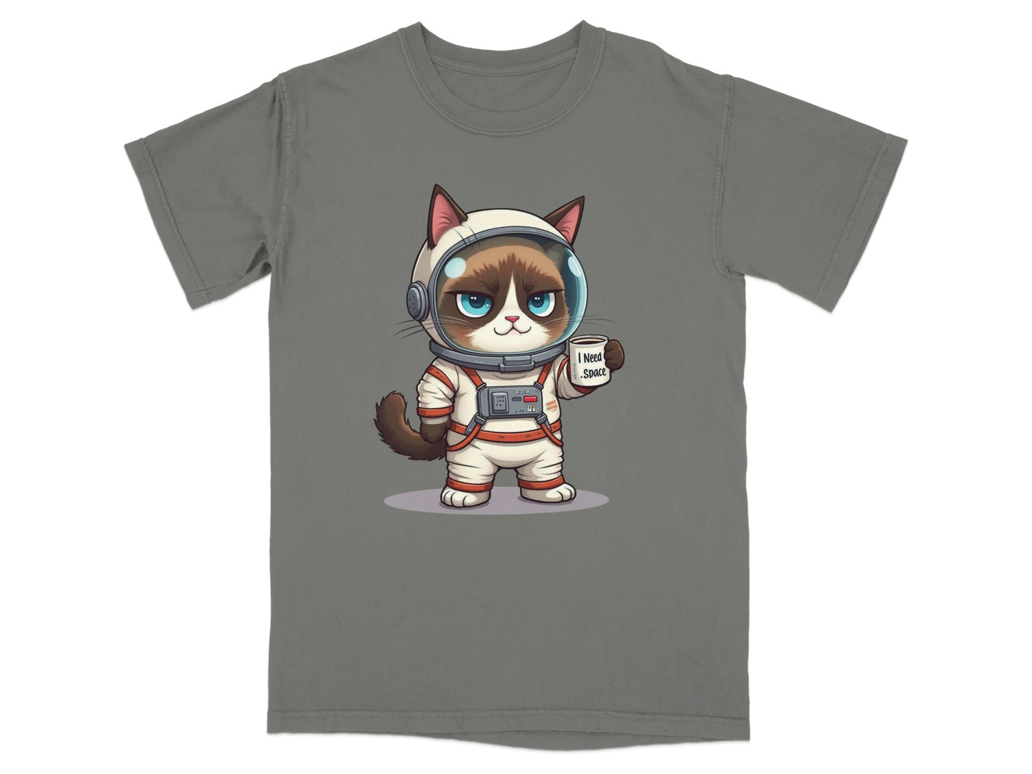 Funny graphic T-shirt featuring a cat astronaut with the text "I Need Space" on a gray background.