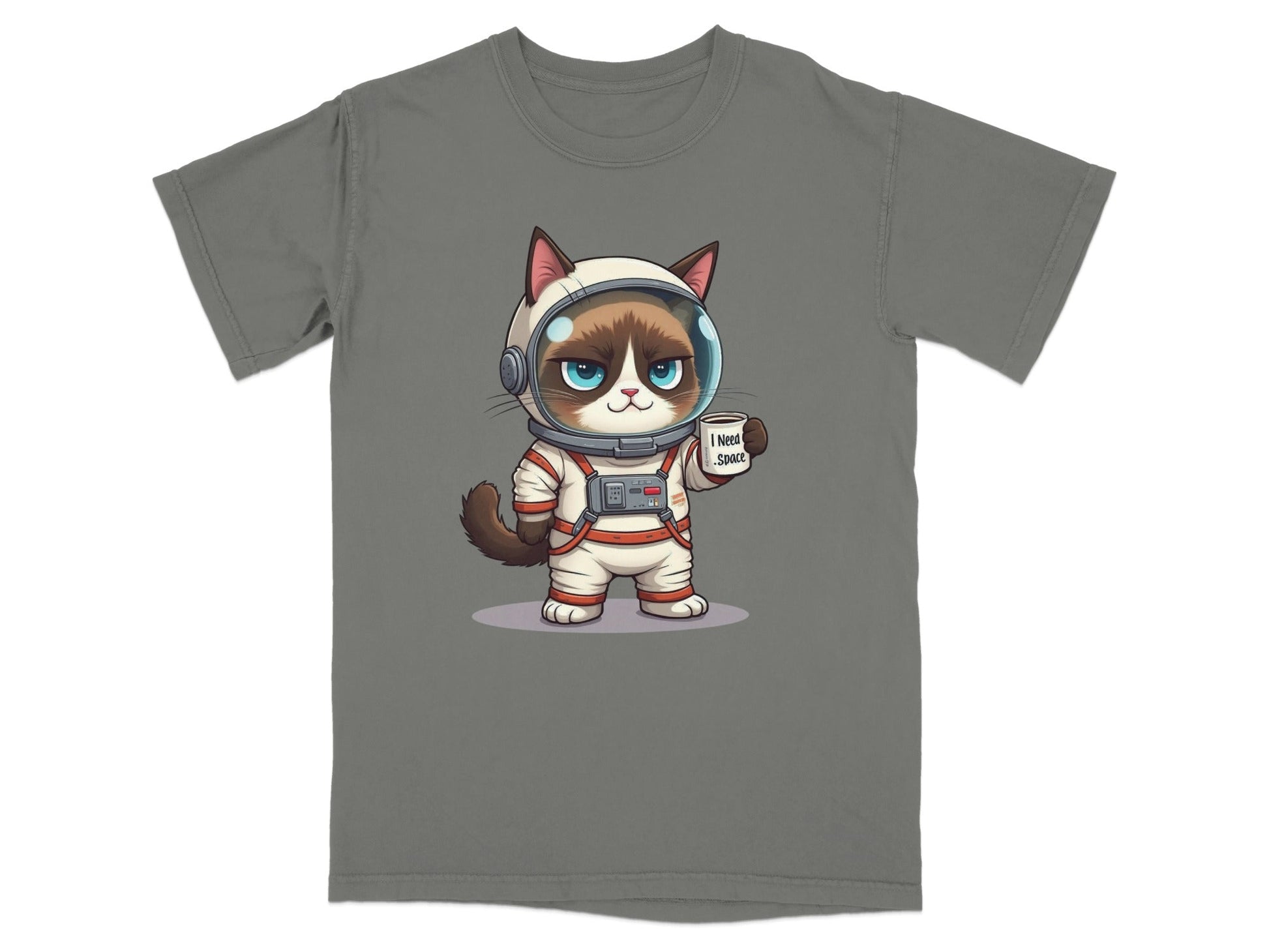 Funny graphic T-shirt featuring a cat astronaut with the text "I Need Space" on a gray background.