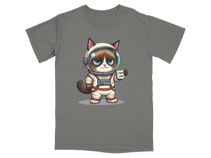Funny graphic T-shirt featuring a cat astronaut with the text "I Need Space" on a gray background.