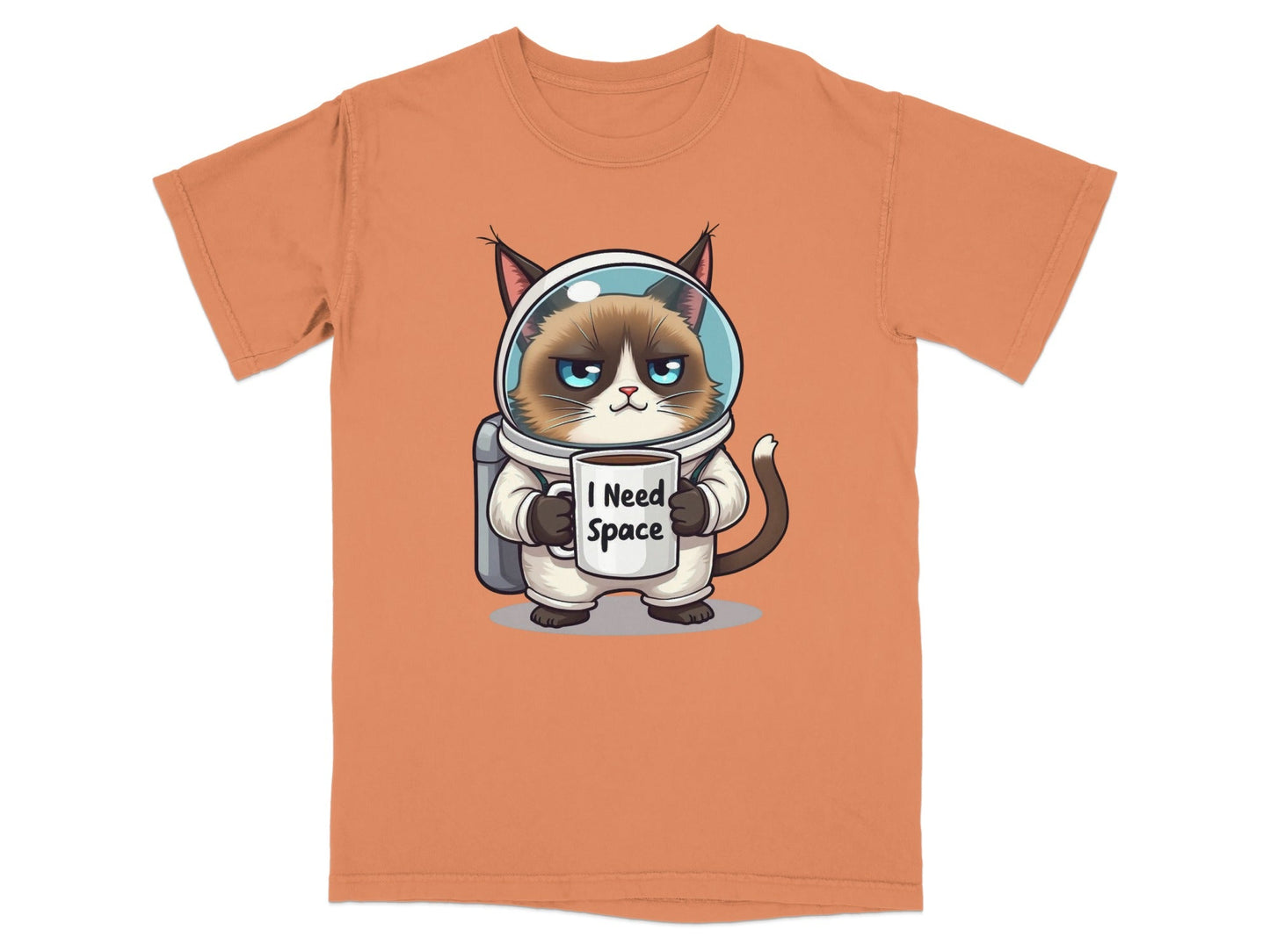 Hilarious astronaut cat t-shirt with grumpy cat in spacesuit holding mug saying 'I Need Space'.